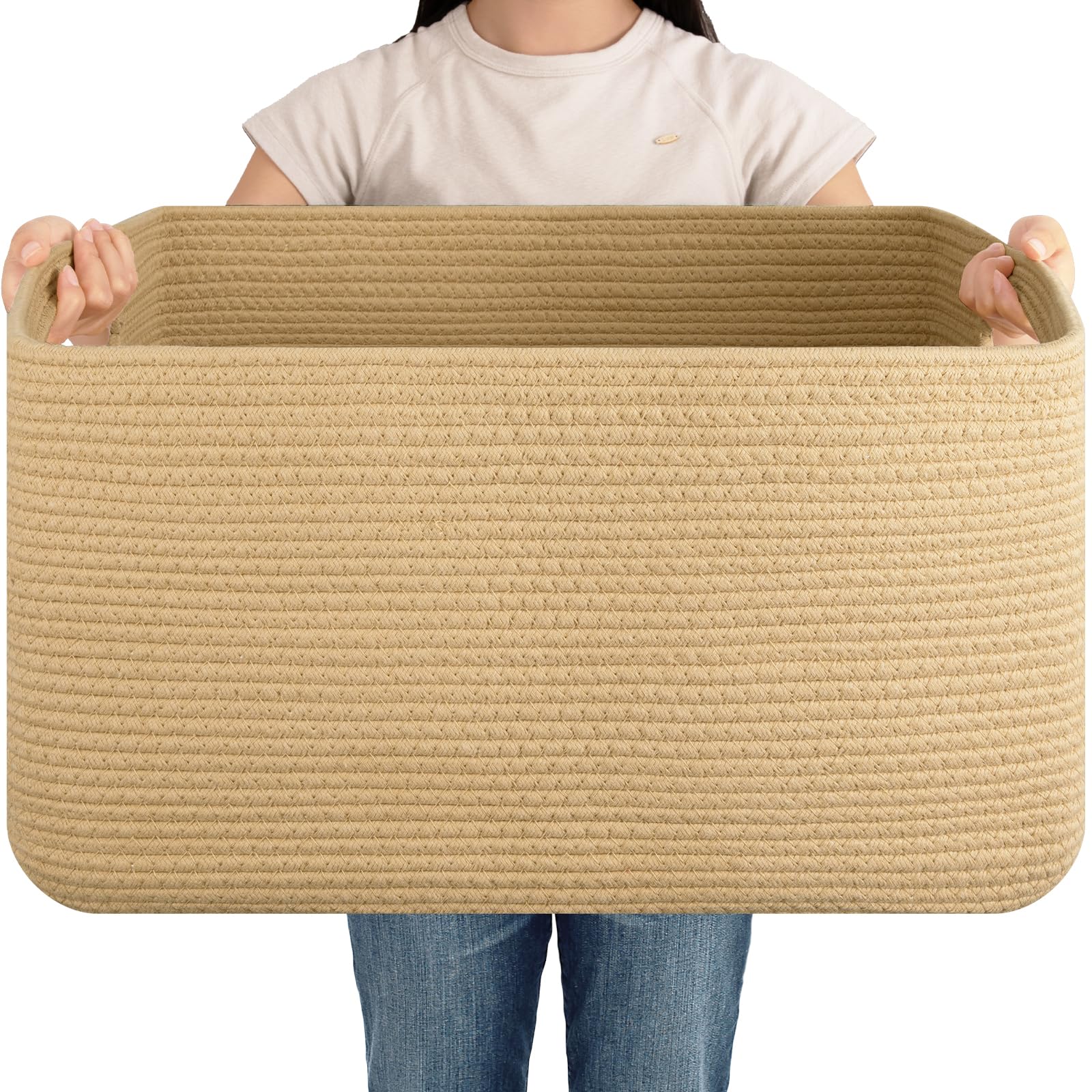 OIAHOMY 75L Large Blanket Basket Woven Storage Basket with Handle Yellow