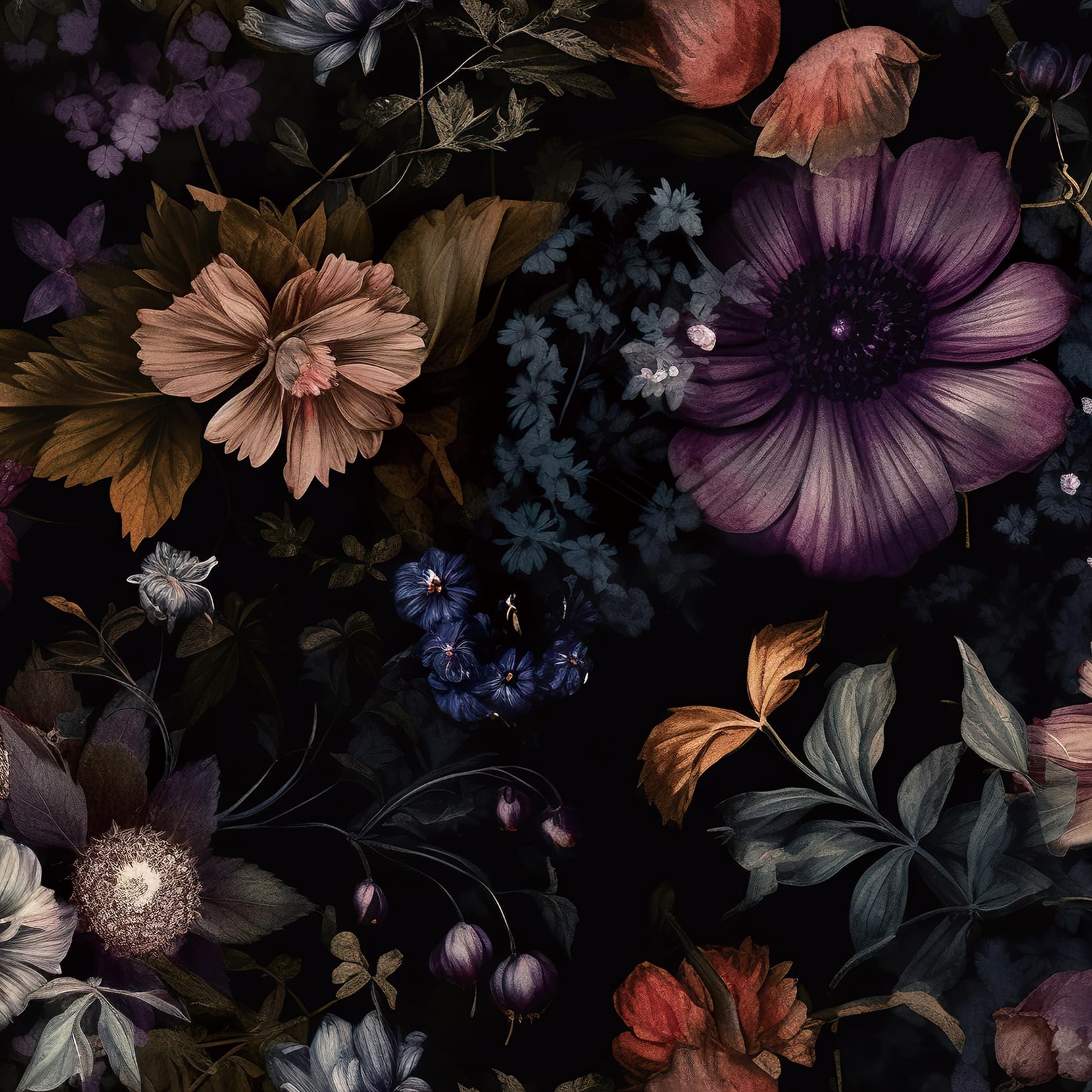 ReWallpaper Dark Floral Peel and Stick Wallpaper 17.5inx23ft Dark Wallpaper Vintage Black Contact Paper for Cabinets Removable Black Floral Wall Paper for Bathroom Waterproof Peony Flower Decorations