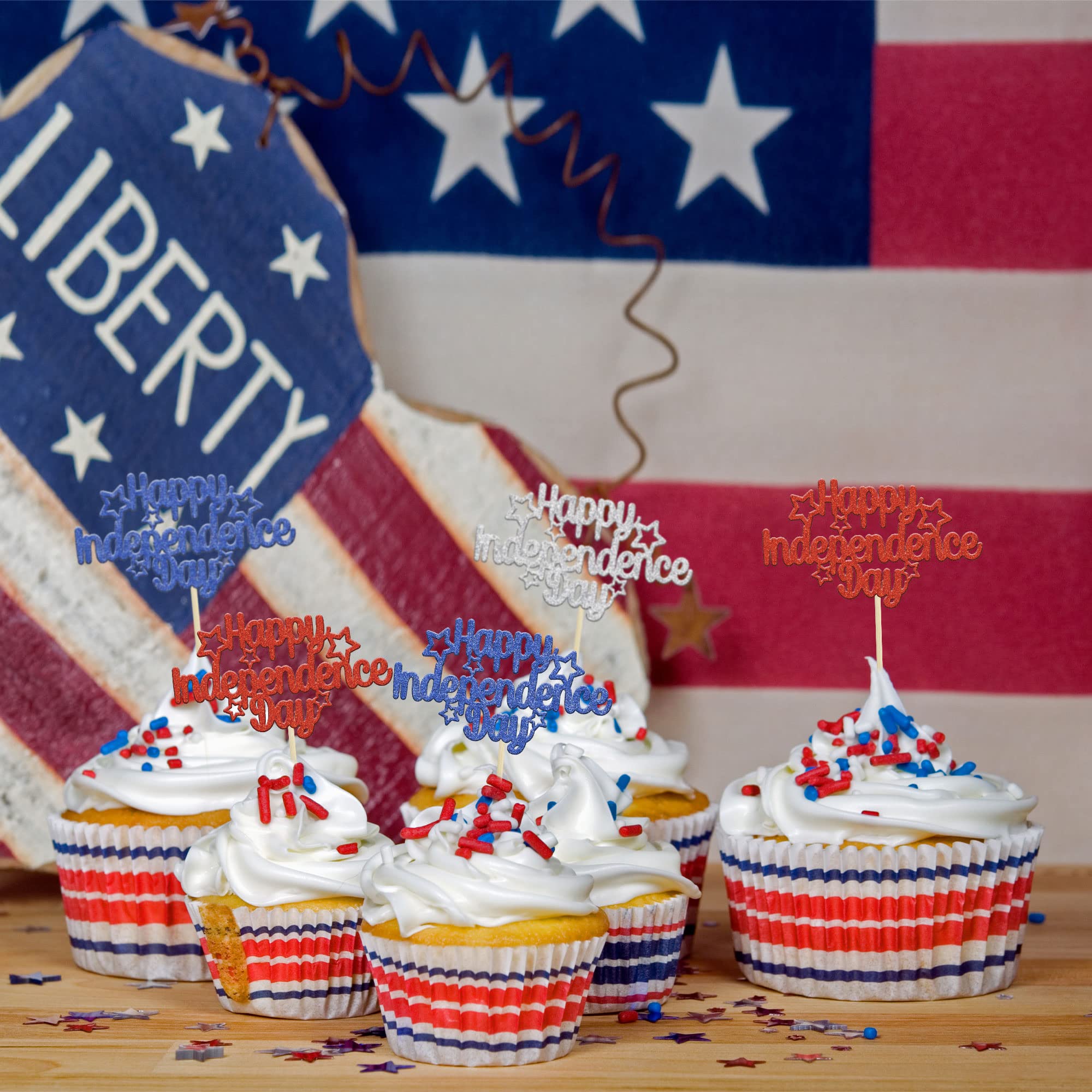 4. Juli Cupcake Topper Set – 36 Stück, Rot Glitzernd, Für Unabhängigkeitstag & Patrioten-Partys