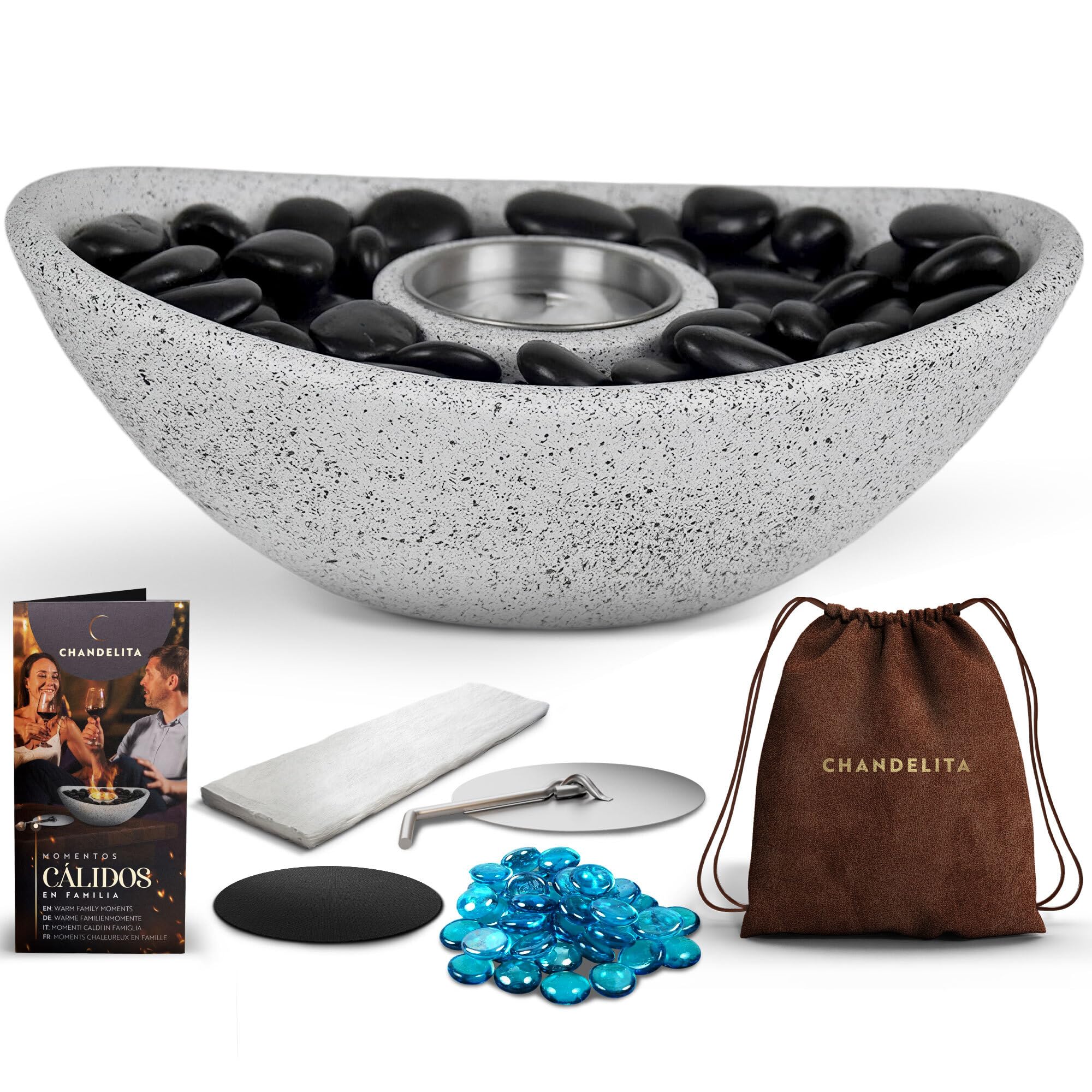 Chimenea Bioetanol para Mesa Ovalada Gris - 28 x 19 x 8 cm con Bolsa y Piedras Decorativas - Estufa Interior