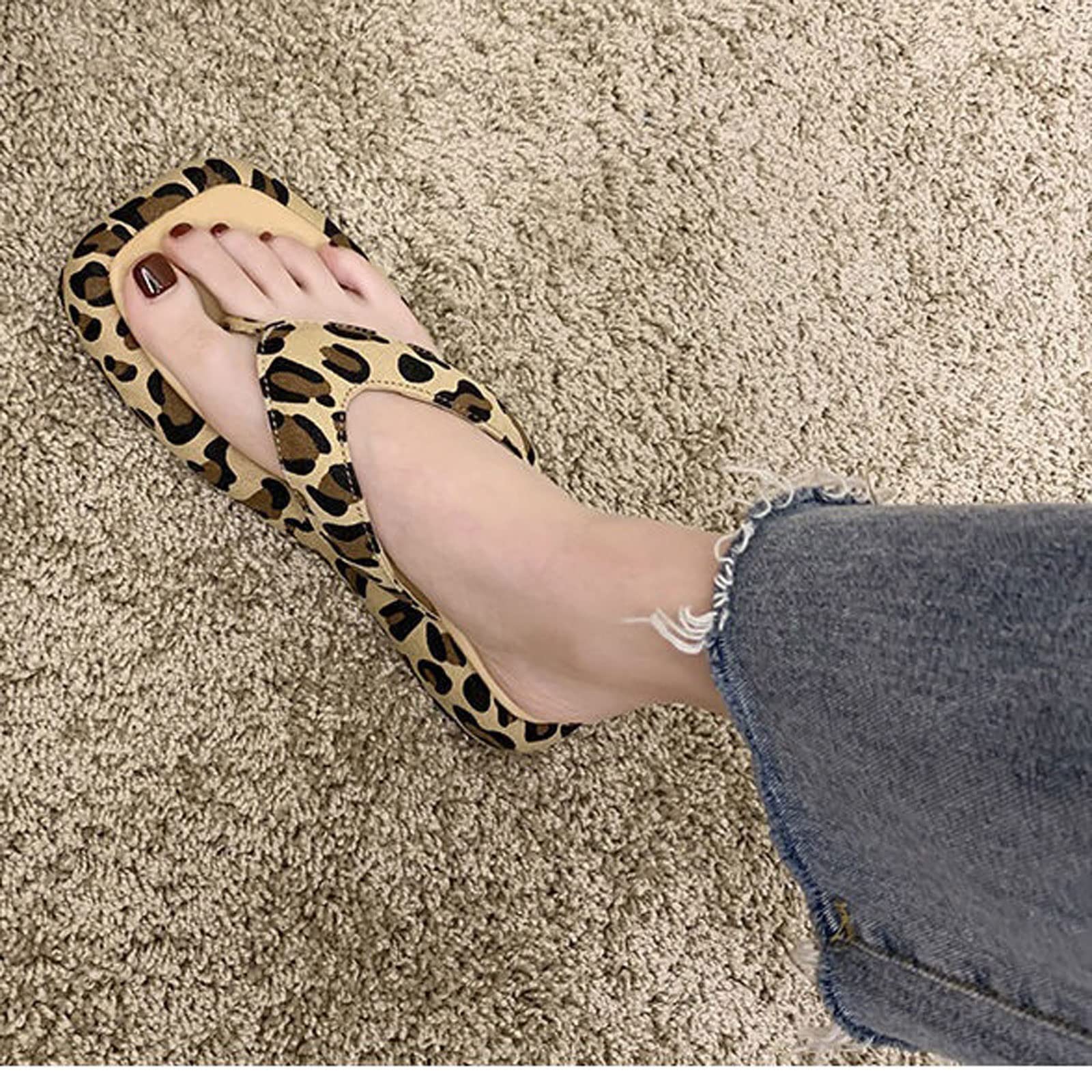 Zapatillas para Mujeres Chanclas de Fondo Gruesas para Mujeres diseñador de Estampado de Leopardo Clip de Punta de los pies de la Plataforma de Color Mixto Femenino Zapatos de Playa 38-39fits 37-38