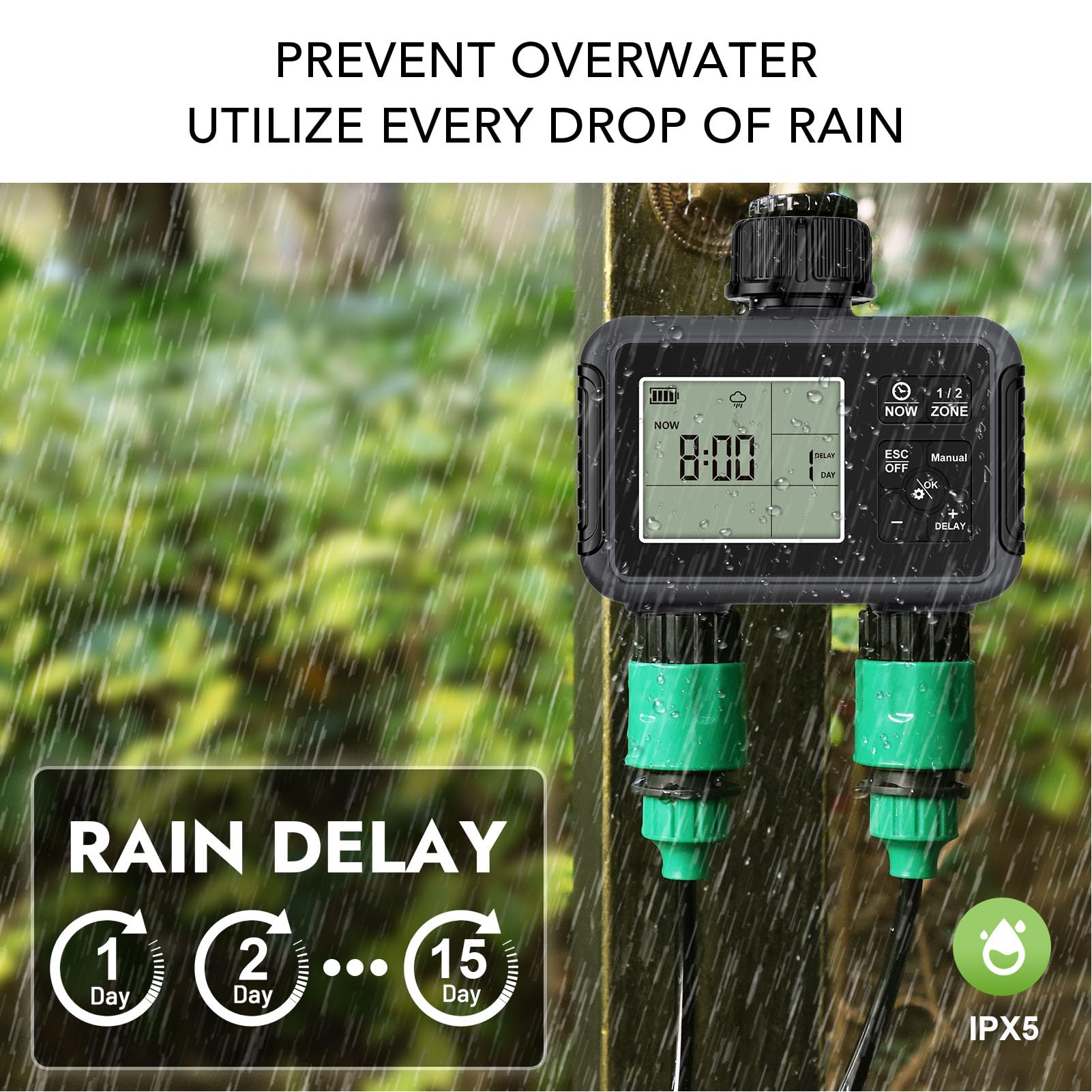 AMONIDA Temporizzatore per Irrigazione a 2 Zone per Giardini con Display LCD Trasparente per Irrigazione Automatica Personalizzabile, Progettato per Proprietari di Case e Appassionati di Piante