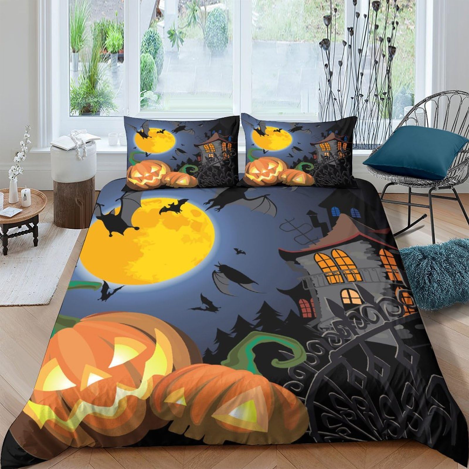 Ctjqhvkz Style-8 3D Printed Halloween Pumpkin Fitted Sheet Microfiber Soft Haunted House Moon Bed Cover For Bedroom Dorm Decor Single（135X200cm）