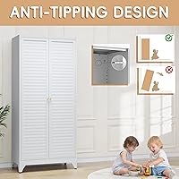 Vista 8 de 71" Metal Wardrobe Cabinet with Hanging Rod, Wardrobe Closet with Doors and Adjustable Shelves, Whiet Clothing Storage Cabinets for Blanco