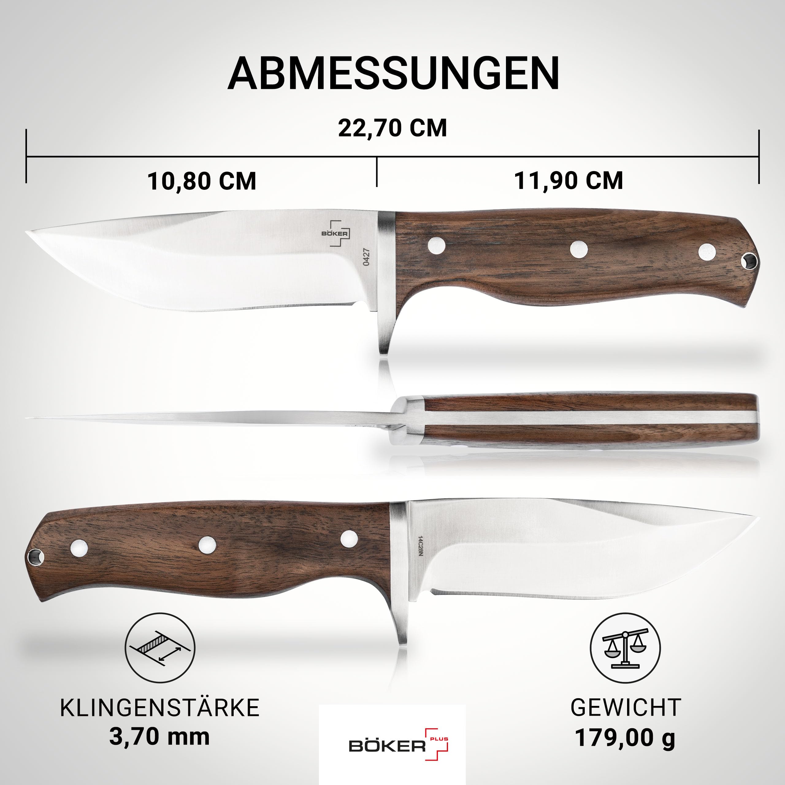 BÖKER PLUS® Walnut Drop Fahrtenmesser - feststehendes Bushcraft Messer mit 14C28N Sandvik Stahl unter 12 cm - Full Tang Outdoor & Jagdmesser extra scharf mit Holzgriff, Lederscheide & Parierelement