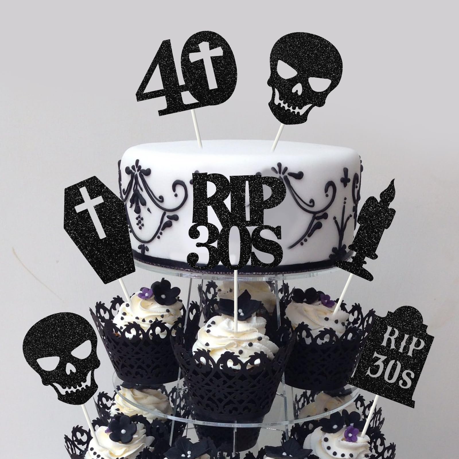 JeVenis Set Decorazione Torta Compleanno 40 Anni - Topper "RIP My 30s" Gotico Con Rose Nere E Farfalle, Per Feste A Tema Funeral Degli Anni 30