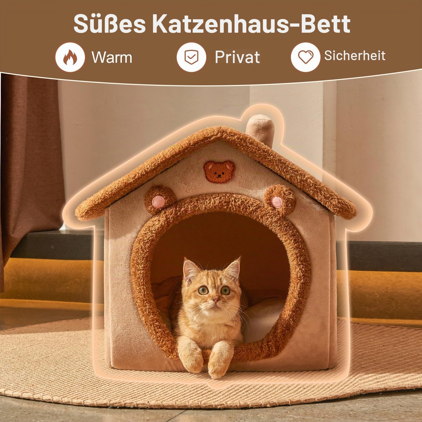 Jiupety Hundehöhle Kleine Hunde mit süßen Bärenohren, Hundehütte Indoor für Kleine Hunde, Hundehaus für Drinnen, Größe L Hundebett mit Dach, Brown Bear