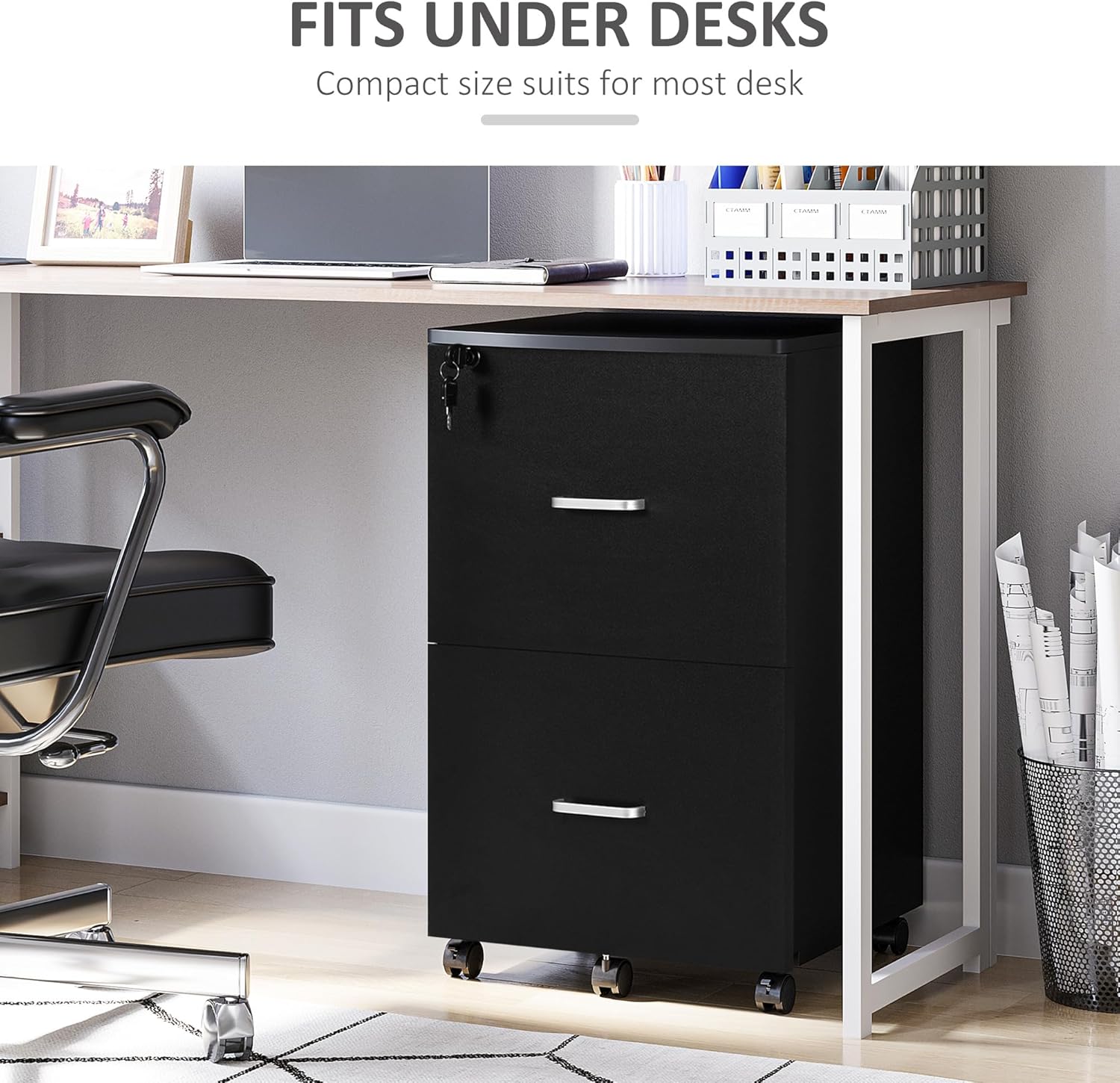 Close-up of the five wheels, including two with brakes and a support caster