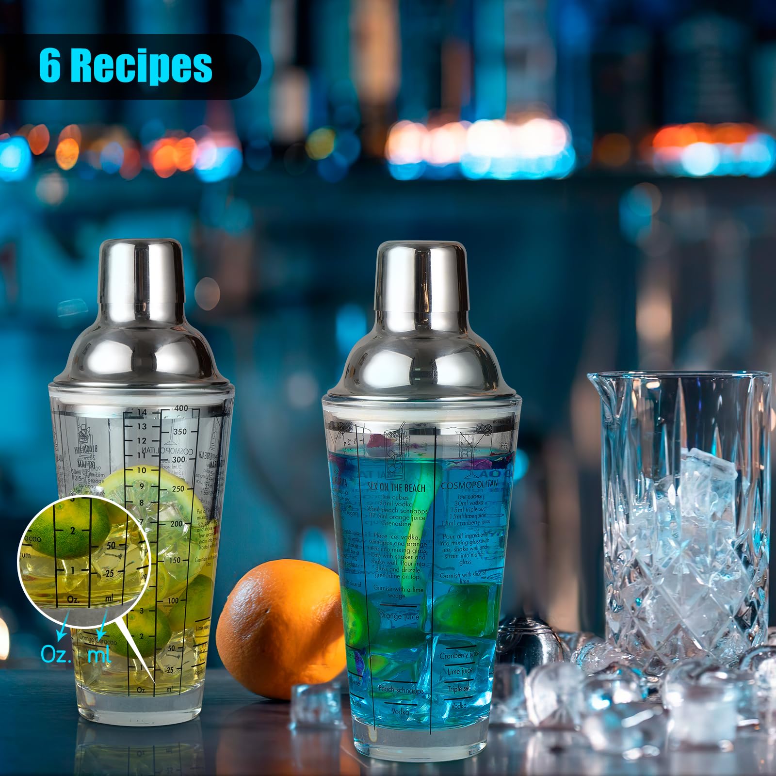 Coctelera de vidrio con colador, coctelera de Martini de 14 onzas con 6 recetas en el lado, botella coctelera transparente con medidas, juego de coctelera de bar, kit de camarero para mezclar 5