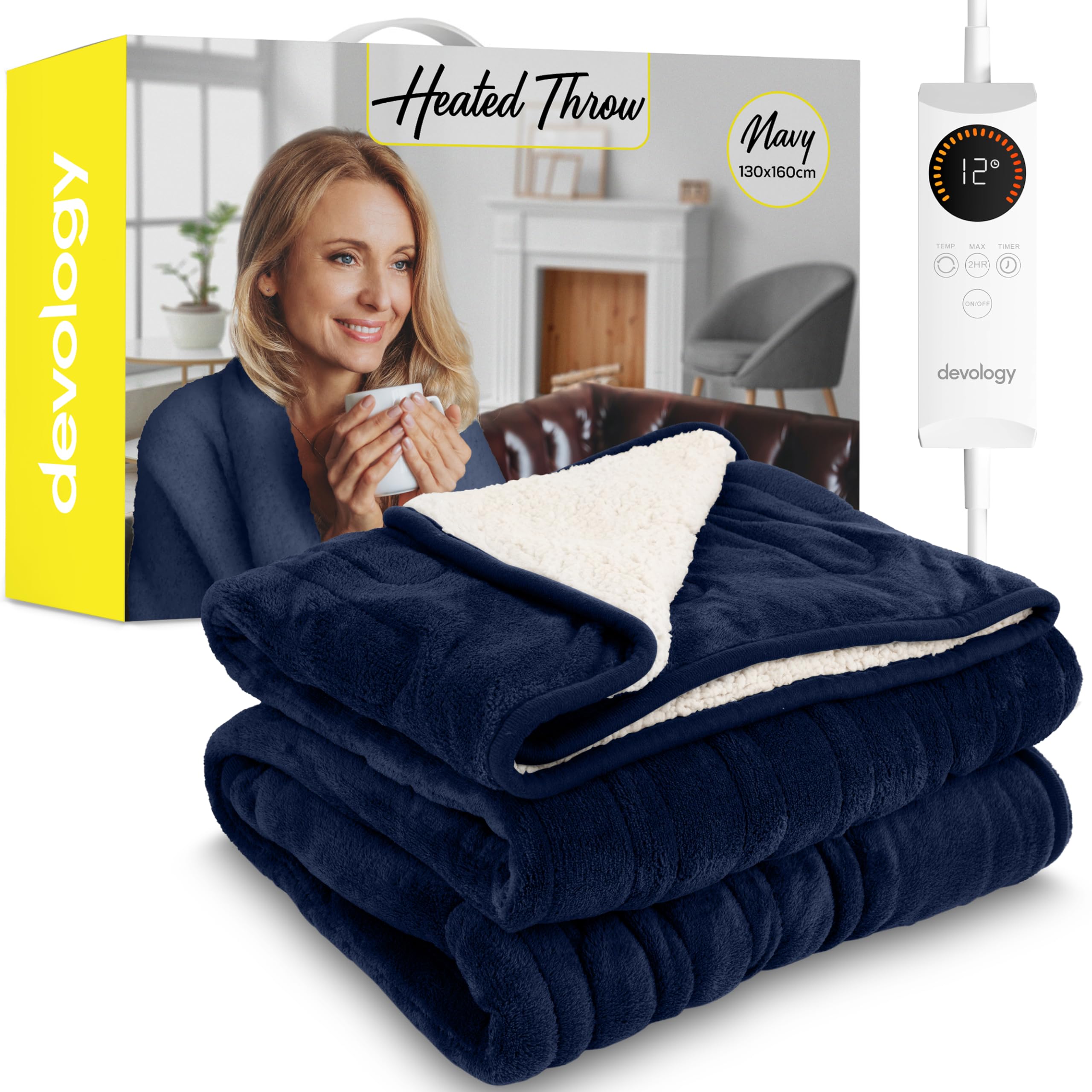 Devology Navy Shearling Heated Throw - Electric Blanket - Digital Controller - Timer Up To 12 Hours, 6 Heat Settings, Auto Shutoff - Machine Washable - Single 130X160cm - Navy