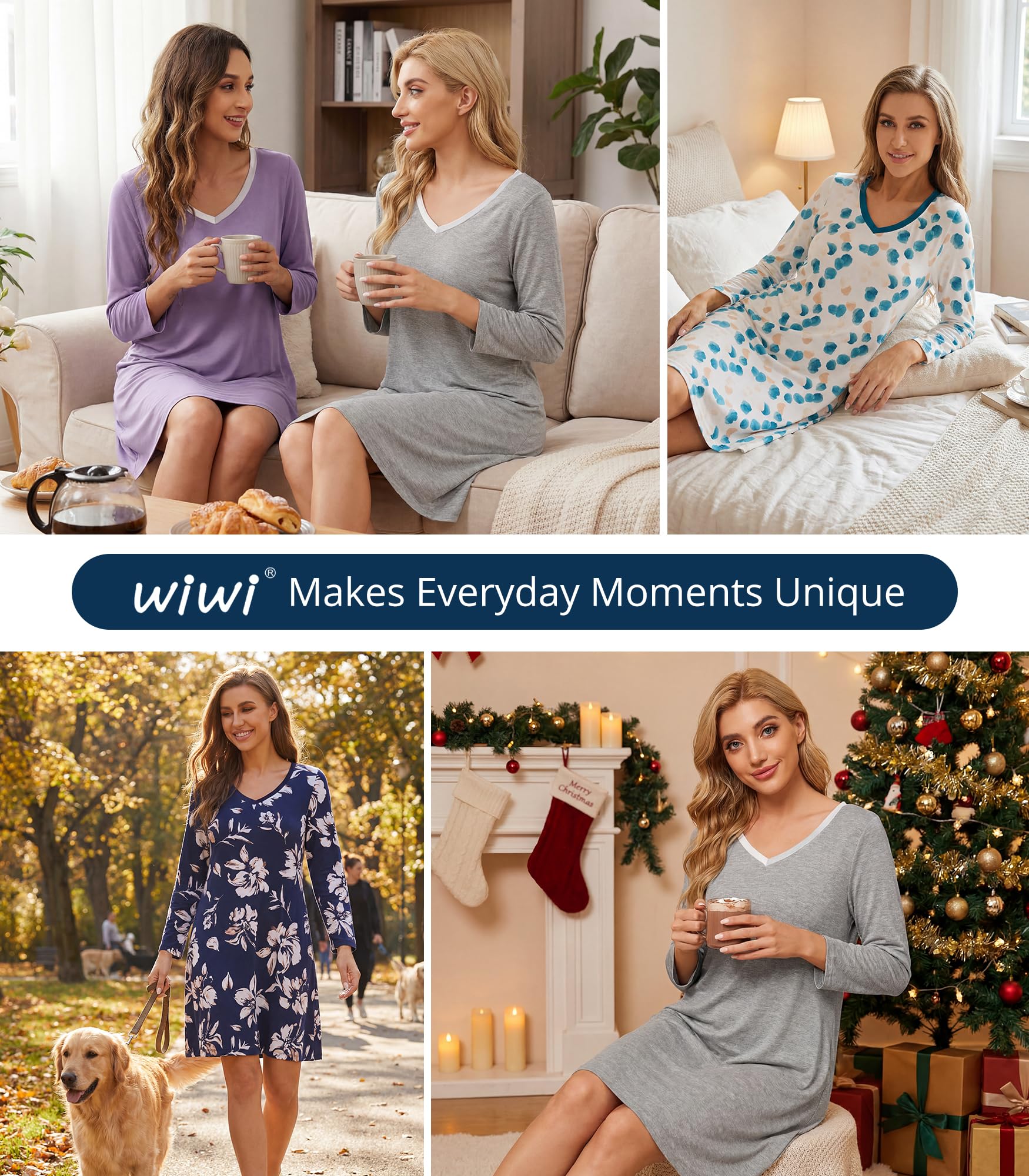 WiWi Chemises de nuit pour femmes, chemise de nuit douce à manches longues, chemise de nuit grande taille, robe de pyjama en viscose de bambou, taille S à 4X