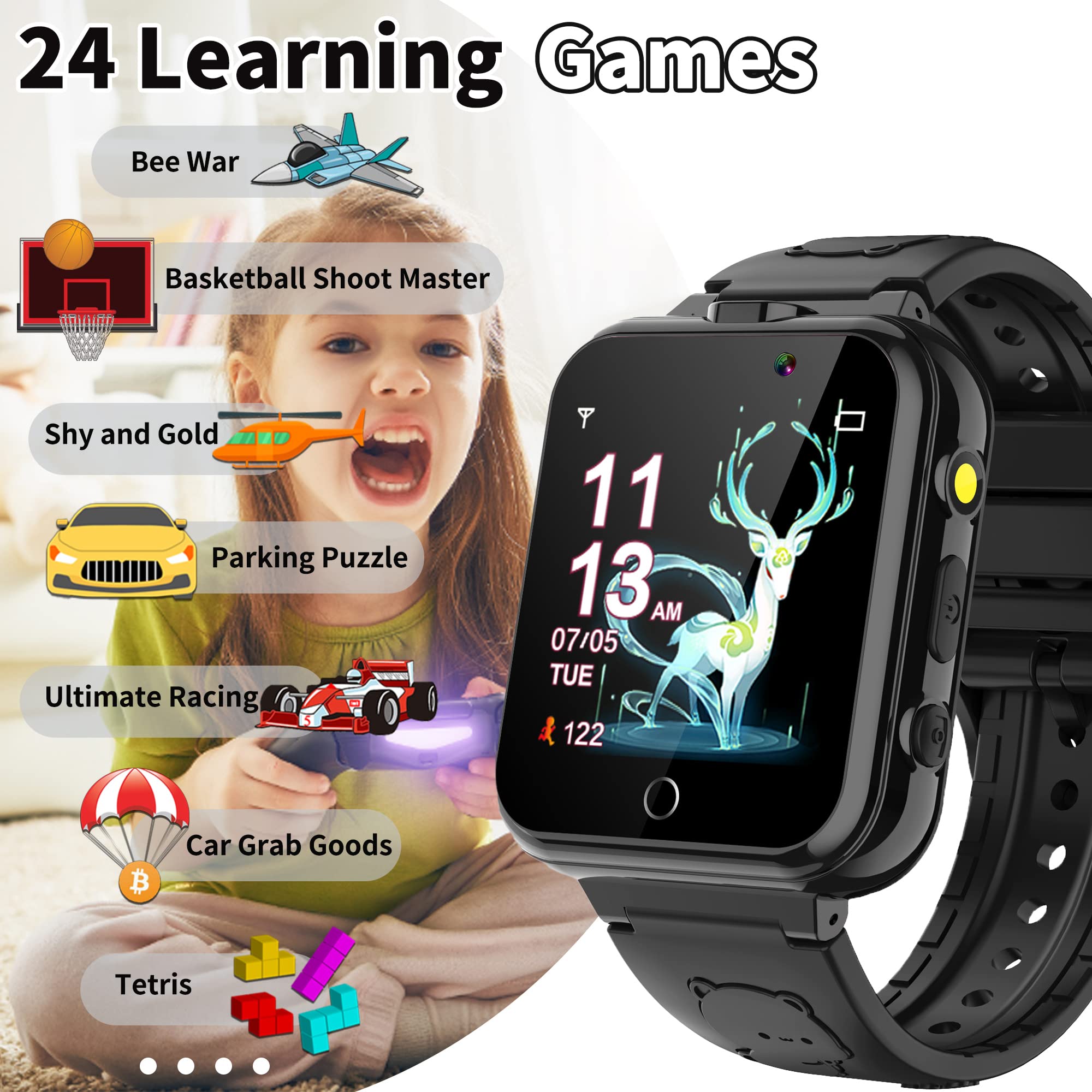 YEDASAH Smartwatch per Bambini con 24 Giochi,Orologio Smartwatch Bambini con Contapassi Calorie,Lettore Musicale,Torcia,Sveglia,Fotocamera,Regalo di Compleanno per 4-12 Anni [Scheda SD integrata]