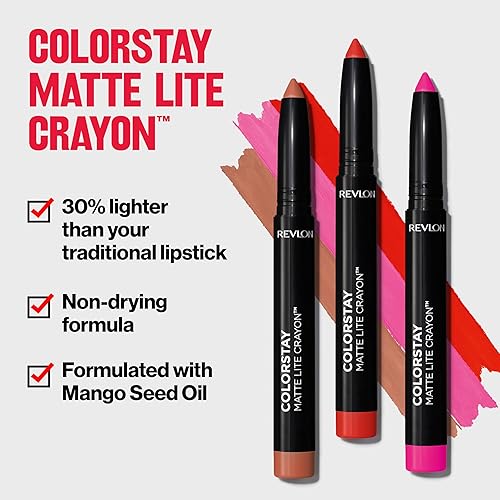 Miniatura 3 de Revlon ColorStay Matte Lite Lápiz labial con sacapuntas integrado, a prueba de manchas, resistente al agua, sin secado, 008 She's Fly, 0.049 onzas