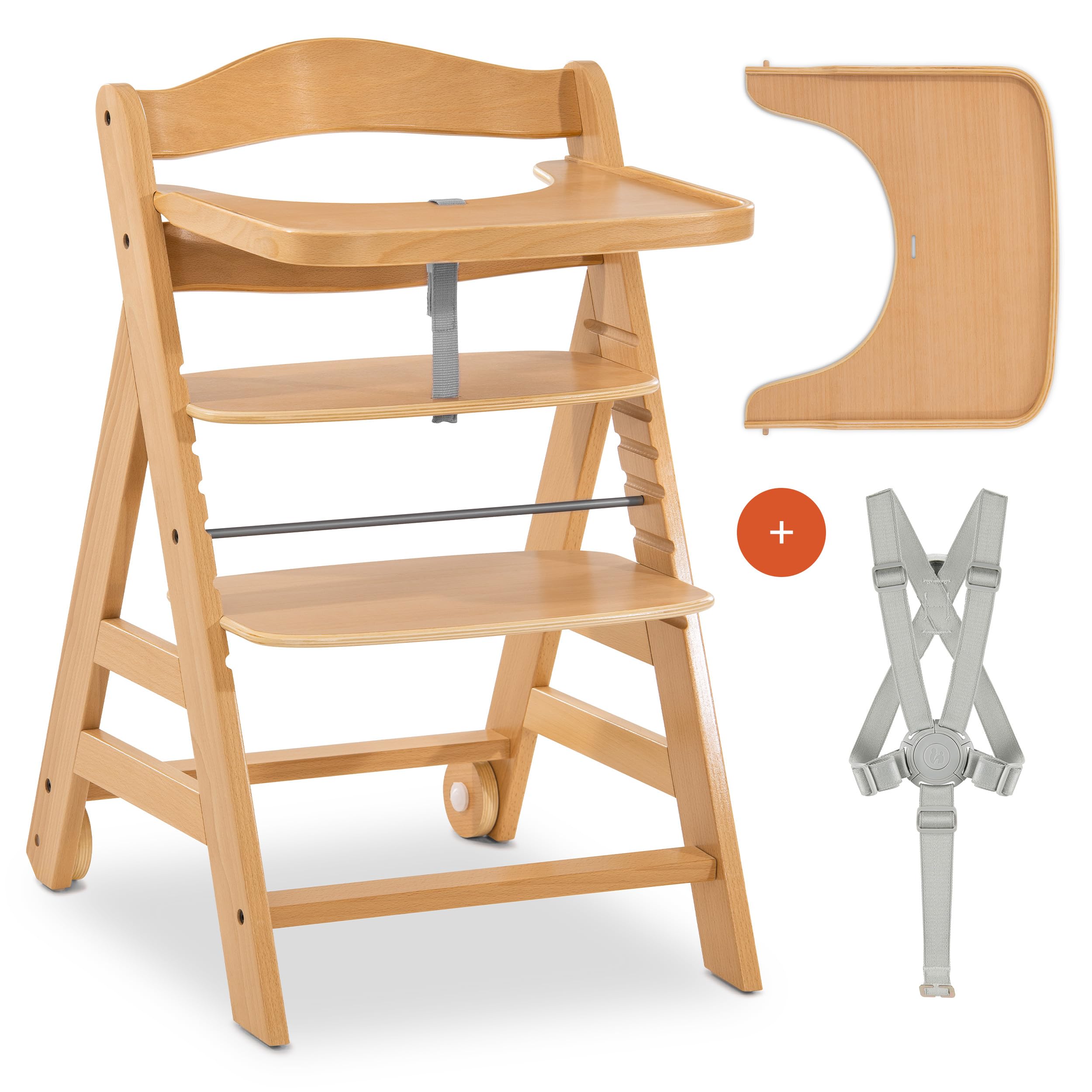 hauck Hochstuhl Alpha Move für Kinder ab 6 Monaten - inkl. Essbrett, 5-Punkt-Gurt und Schrittgurt - Kinderhochstuhl mit Rollen aus FSC® zertifiziertem Buchenholz - mitwachsend & verstellbar