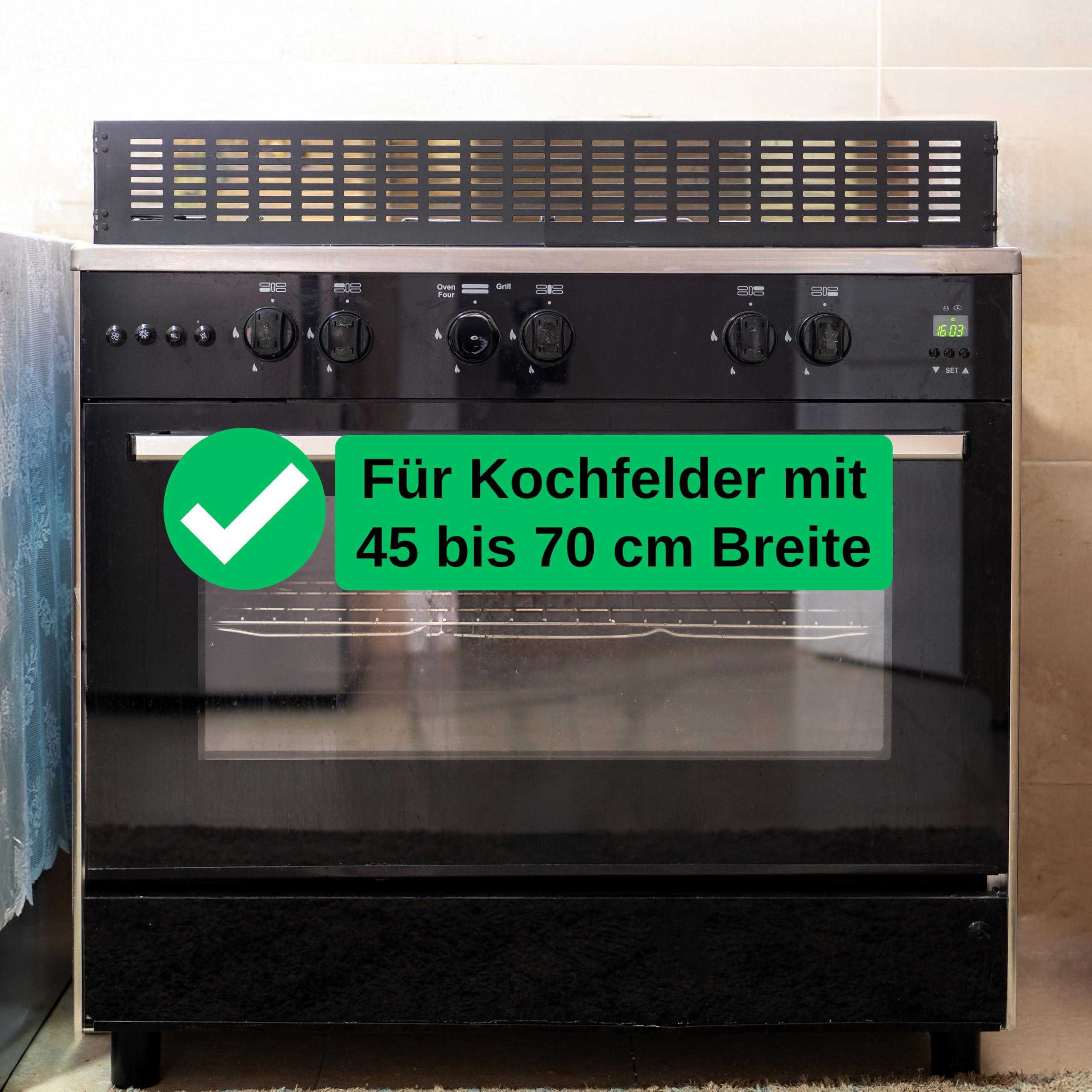 Herdschutzgitter Kindersicherung, 45 bis 70 cm ausziehbar, Schwarz, Set mit Backofentür Babysicherung, Herdschutz Gitter mit Scharnier-Seitenflügeln, zusammenfaltbar und verstaubar, Kochfeld Abdeckung