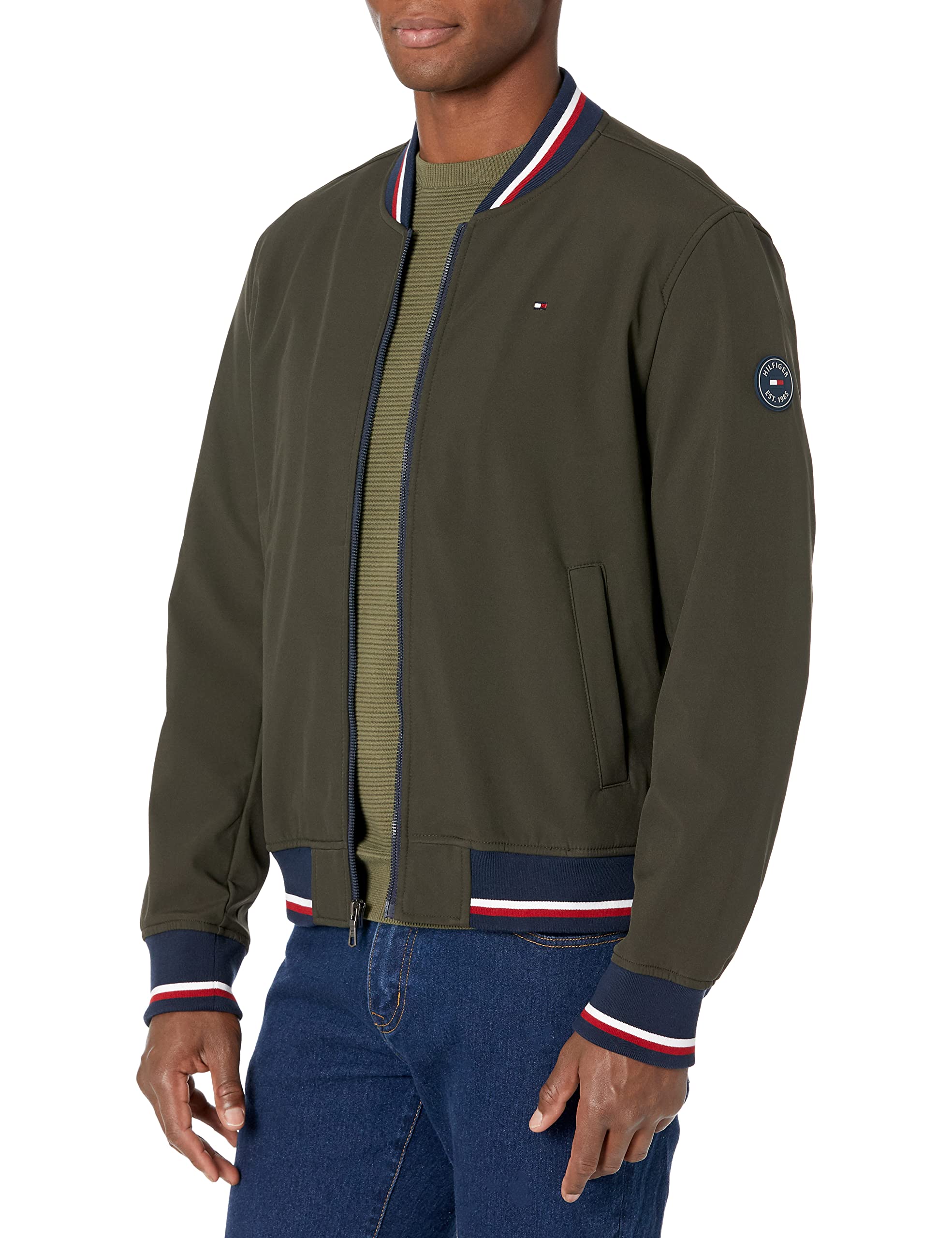 Tommy Hilfiger Men's Lightweight Varsity Rib Knit Bomber Jacket, Olive Soft Shell, L