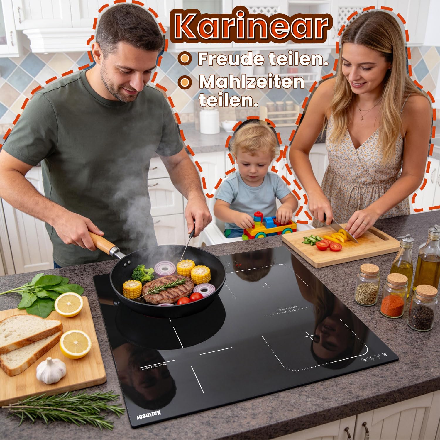 Karinear Induktionskochfeld 60 cm, 4 Platten 7200W, Flex Zone, Boost | Slider-Touch, Autark Induktionskochfeld 60 cm, Kochfeld Induktion mit FlexZone, Boost, Timer, Sicherheitsfunktionen, 240V