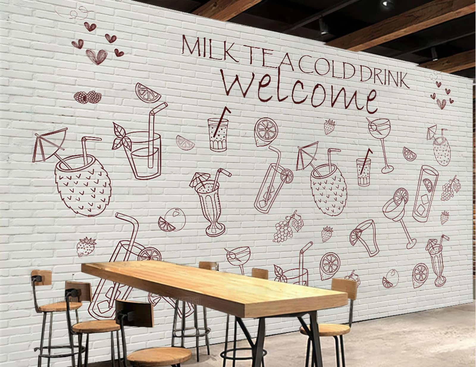 XDOUBAO Wallpaper Fashion Brick Wall Hand Painted Cold Drink Juice Shop Dessert Food Afternoon Tea Western Restaurant Background Wallpaper Coffee Shop Mural,3D,300x210cm