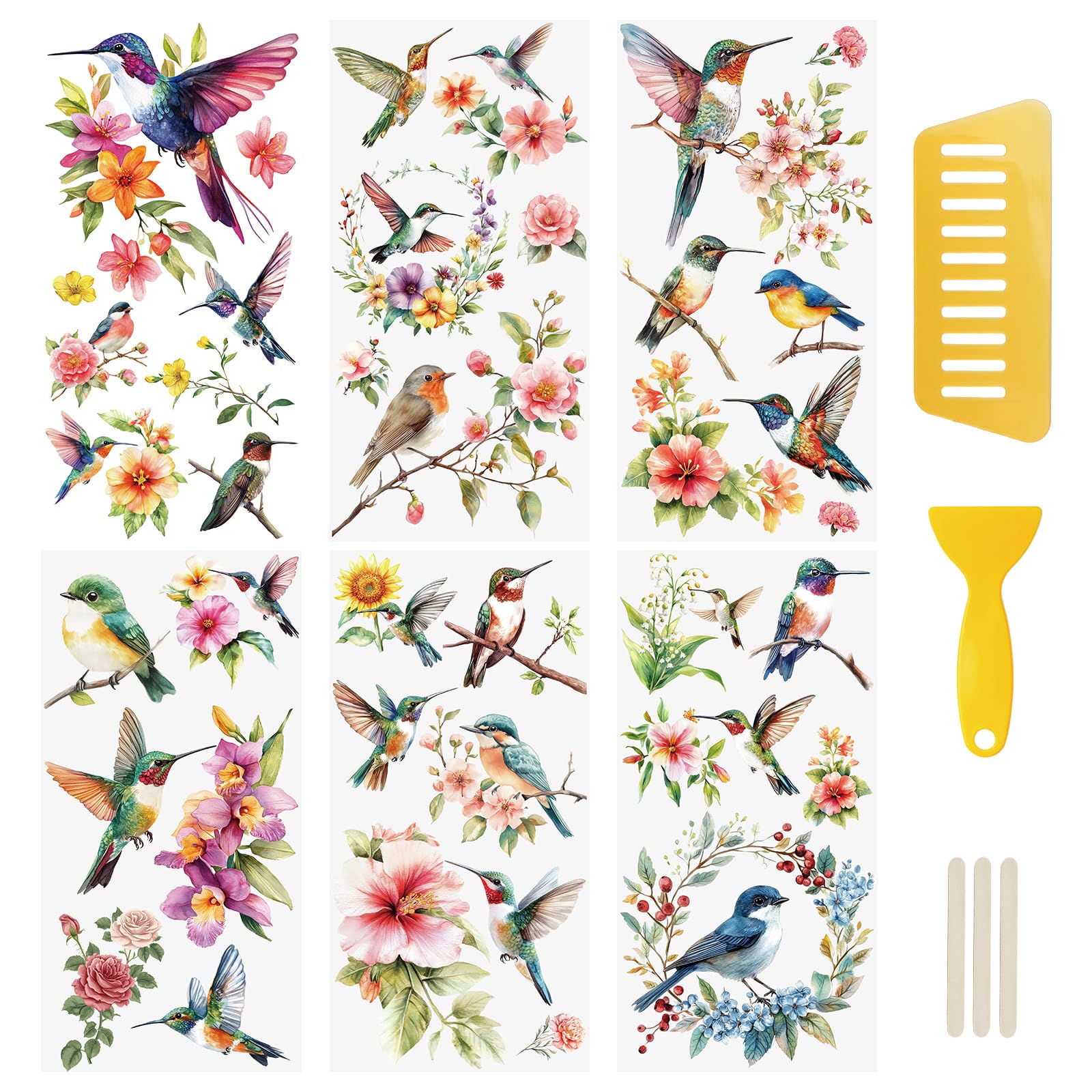 WANDIC 6 Sheets Hummingbird Flowers Rub On Transfer Stickers Furniture Decals Waterproof Stickers for DIY Crafts Present Bouquet Decoration, 15 * 30cm