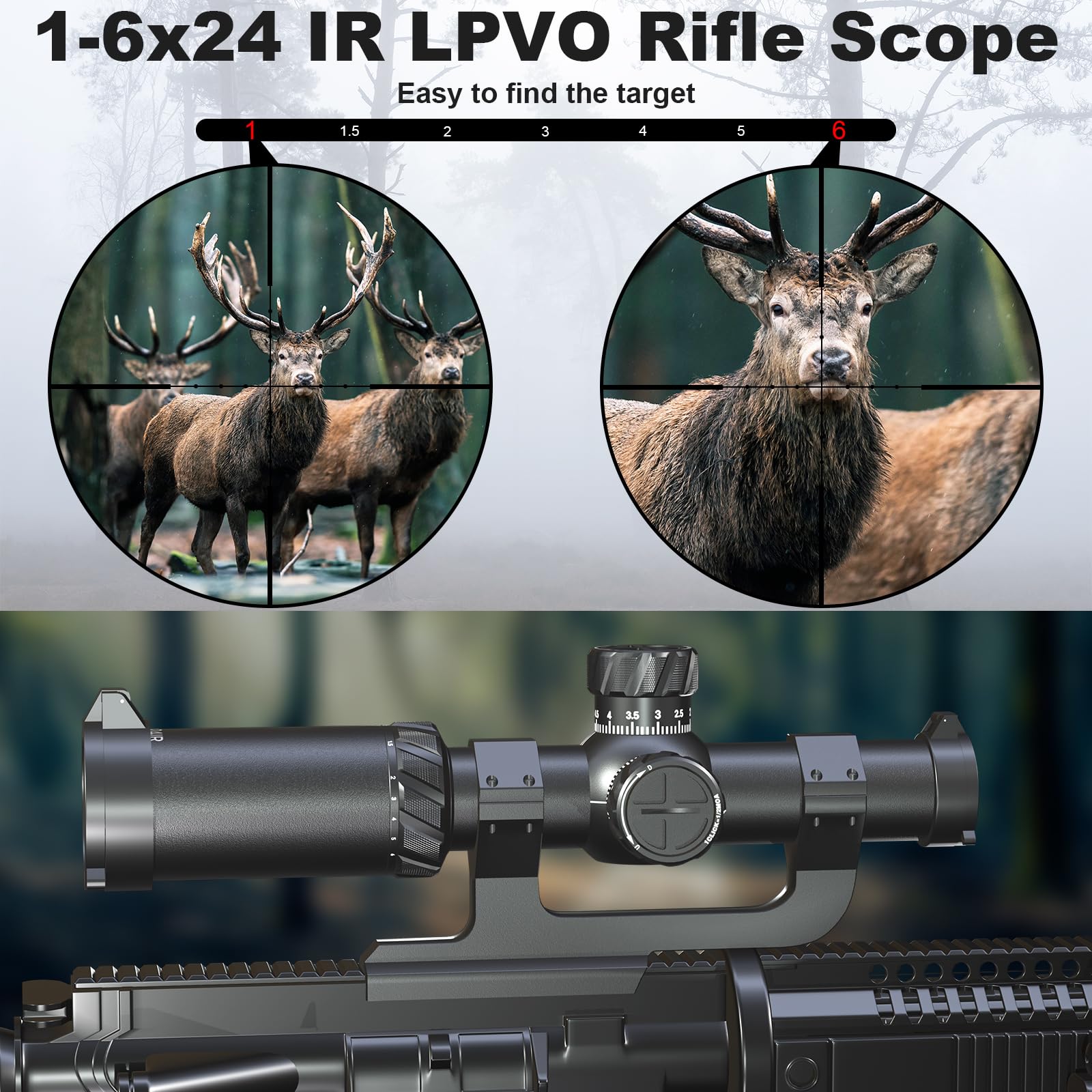 1-6x24 IR LPVO Rifle Scope with 30mm Cantilever Mount, 5 Levels Red and Green SFP Illumination Mil Dot Reticle Scope (MOA) with Zero Reset, Waterproof Fog-Proof Shockproof Gun Scopes (1-6x24 IR)