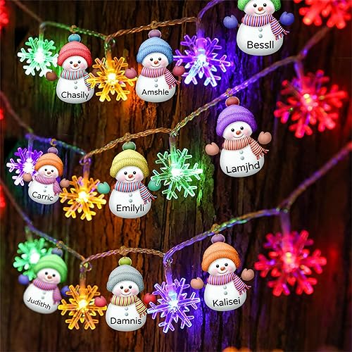 Guirnalda de luces de Navidad personalizadas con nombre, muñeco de nieve personalizado, guirnalda de luces familiares de muñeco de nieve colorido,