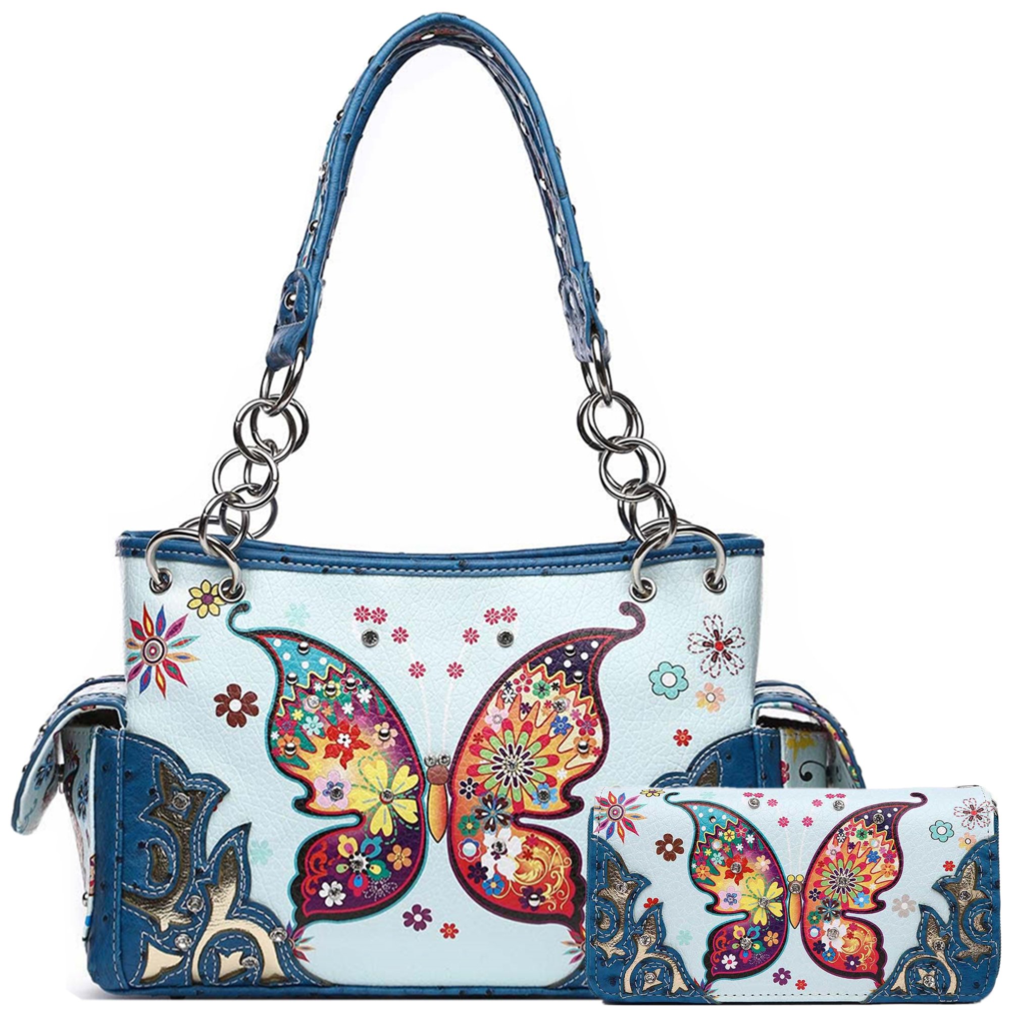 Western Style Spring Butterfly Flower Purse Women Country Handbag Rhinestone Stud Shoulder Bag Wallet Set
