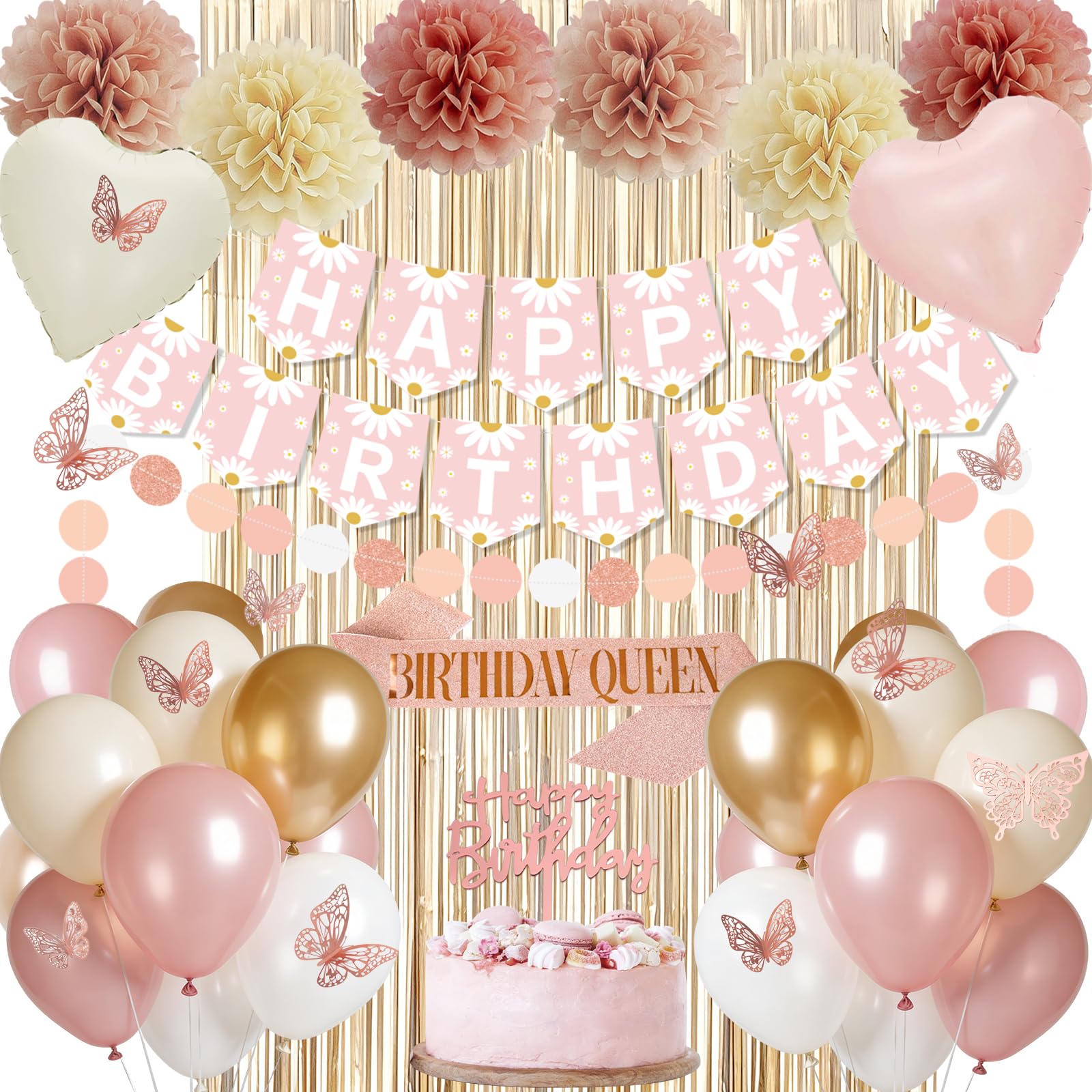 54 Stück Blush Beige Geburtstagsdekorationen, Geburtstagsdekorationen für Mädchen, Boho-Geburtstagsdekorationen mit Blumenbanner, Luftballons, Schärpe, Fransenvorhang, Papier-Pompons, rosa