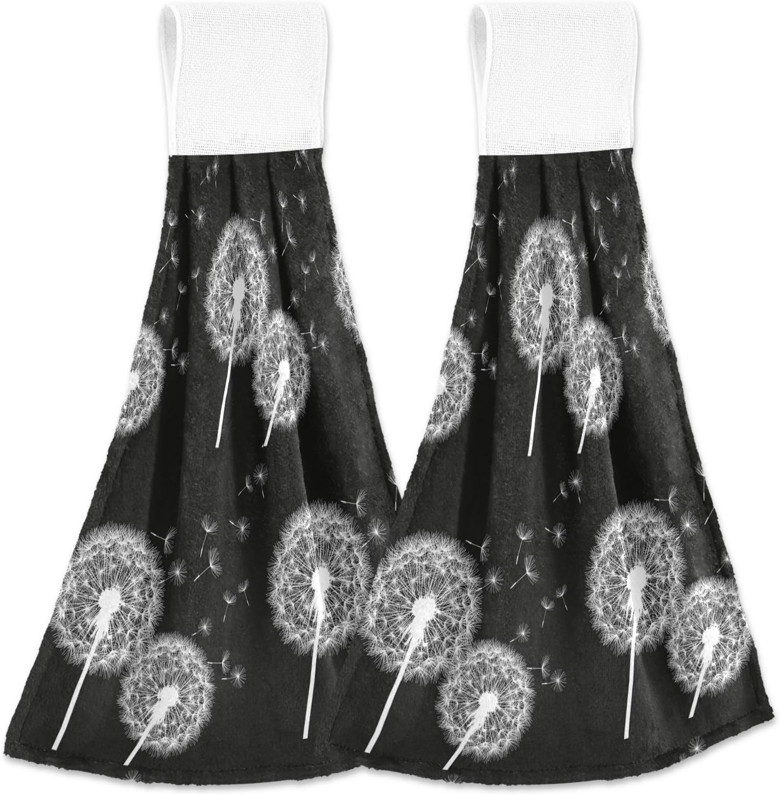 visesunny Dandelion Black Pattern Hanging Tie Towels 2 Pack Kitchen Hand Towels Dishcloths Sets with Loop Soft Cotton Absorbent Hand Towels for Bathroom Gym Restaurant Hotel BBQ Machine Washable