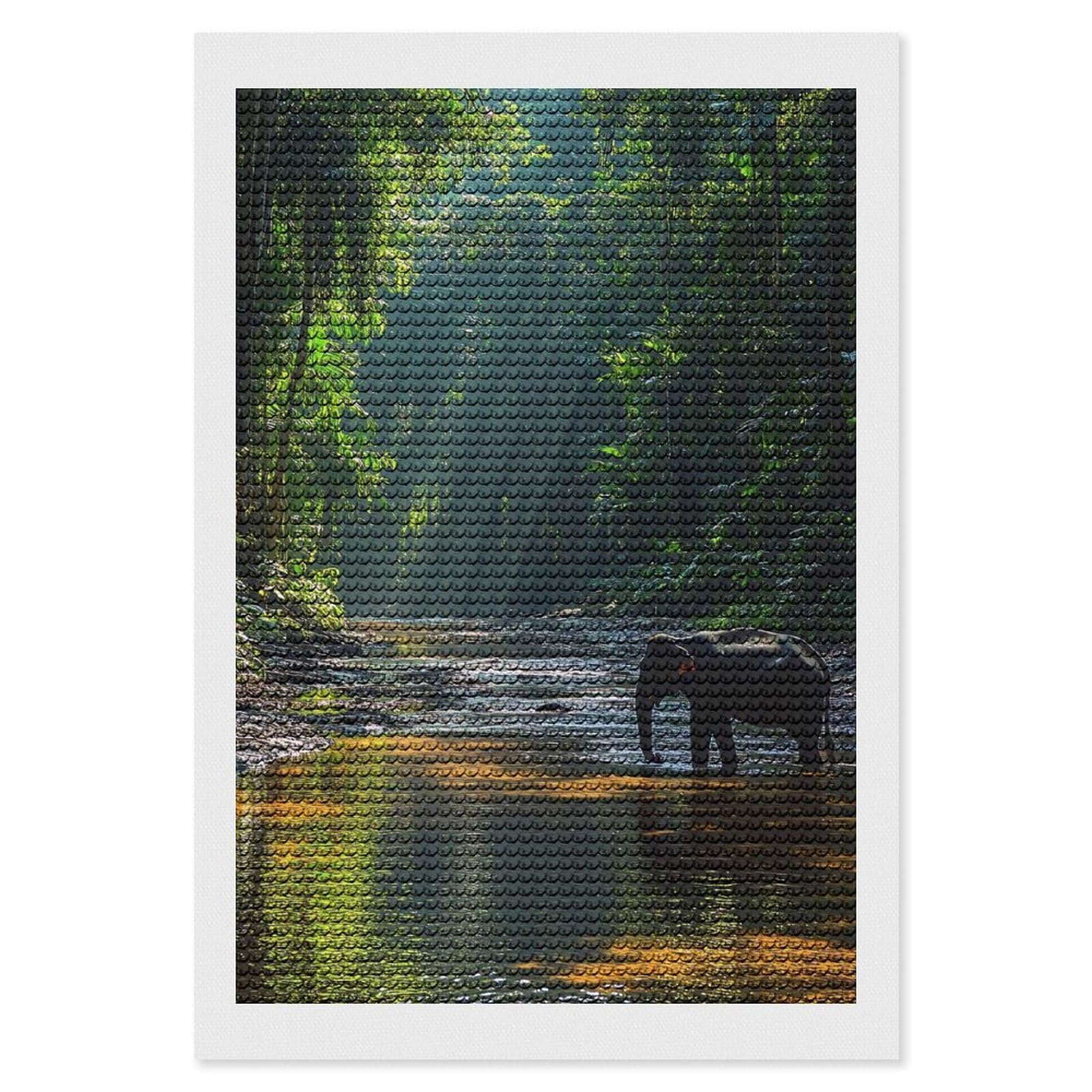 Junmoney Elephant in Jungle River Diamond Art Canvas 8"x12", Easy Handmade Project, Complete Accessories, Bedroom Decor, Birthday Gift