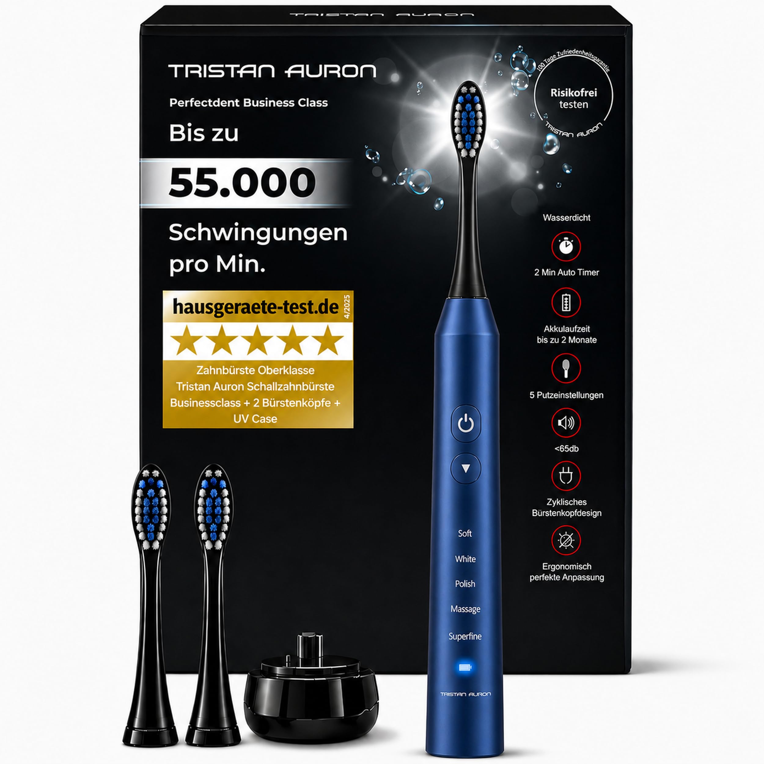 Elektrische Schallzahnbürste 55.000 VPM, 5 Modi, risikofrei 100 Tage testen | Tristan Auron blau, Beste Reisezahnbürste, Leistung & Überlegen, 60 Tage Akku, USB-Ladung, wasserfest, 2 Aufsteckbürsten