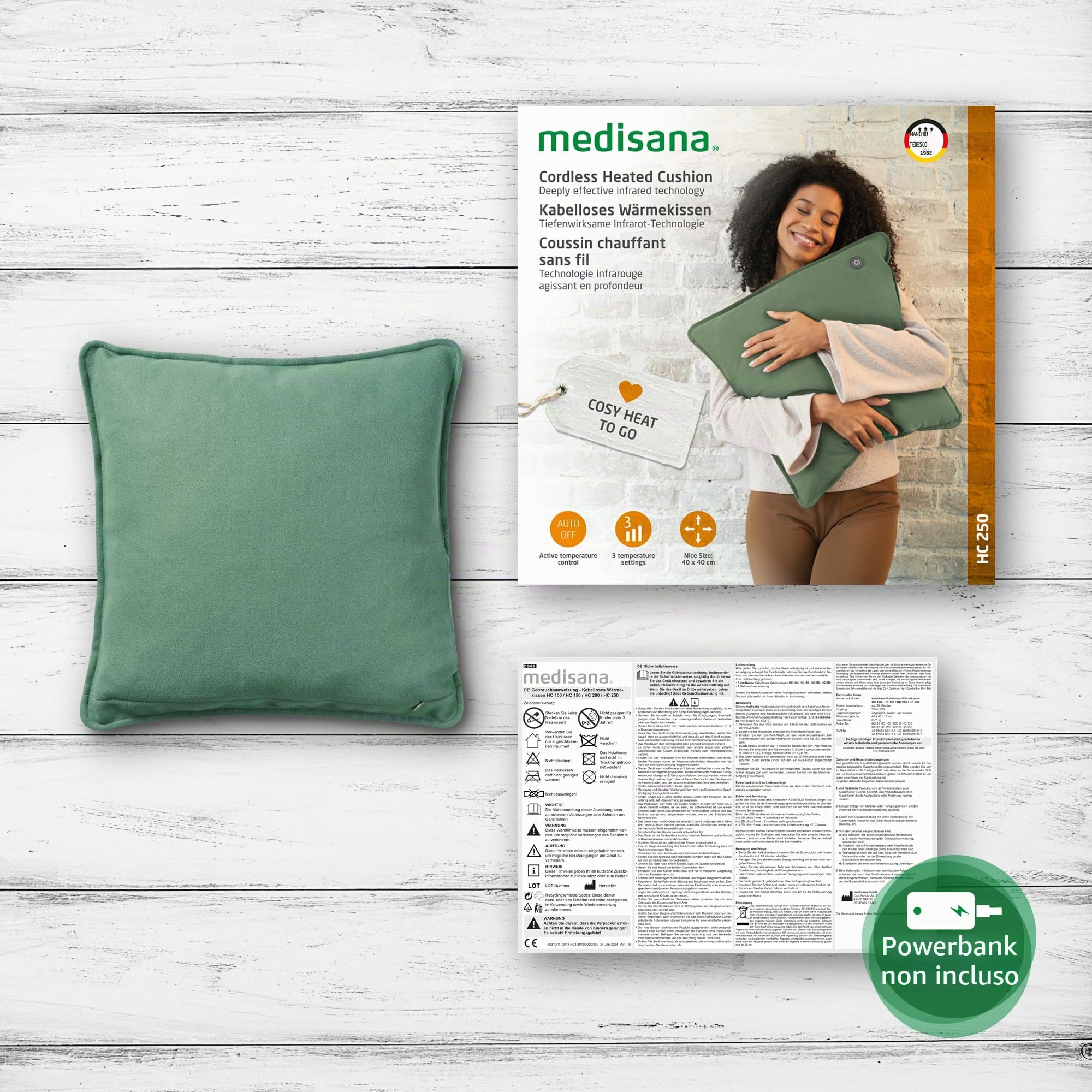 Medisana HC 250 cuscino riscaldante con calore a infrarossi, termoforo | spegnimento automatico, per schiena, spalle e collo, termoforo elettrico e senza fili per la casa e per spostamenti, verde