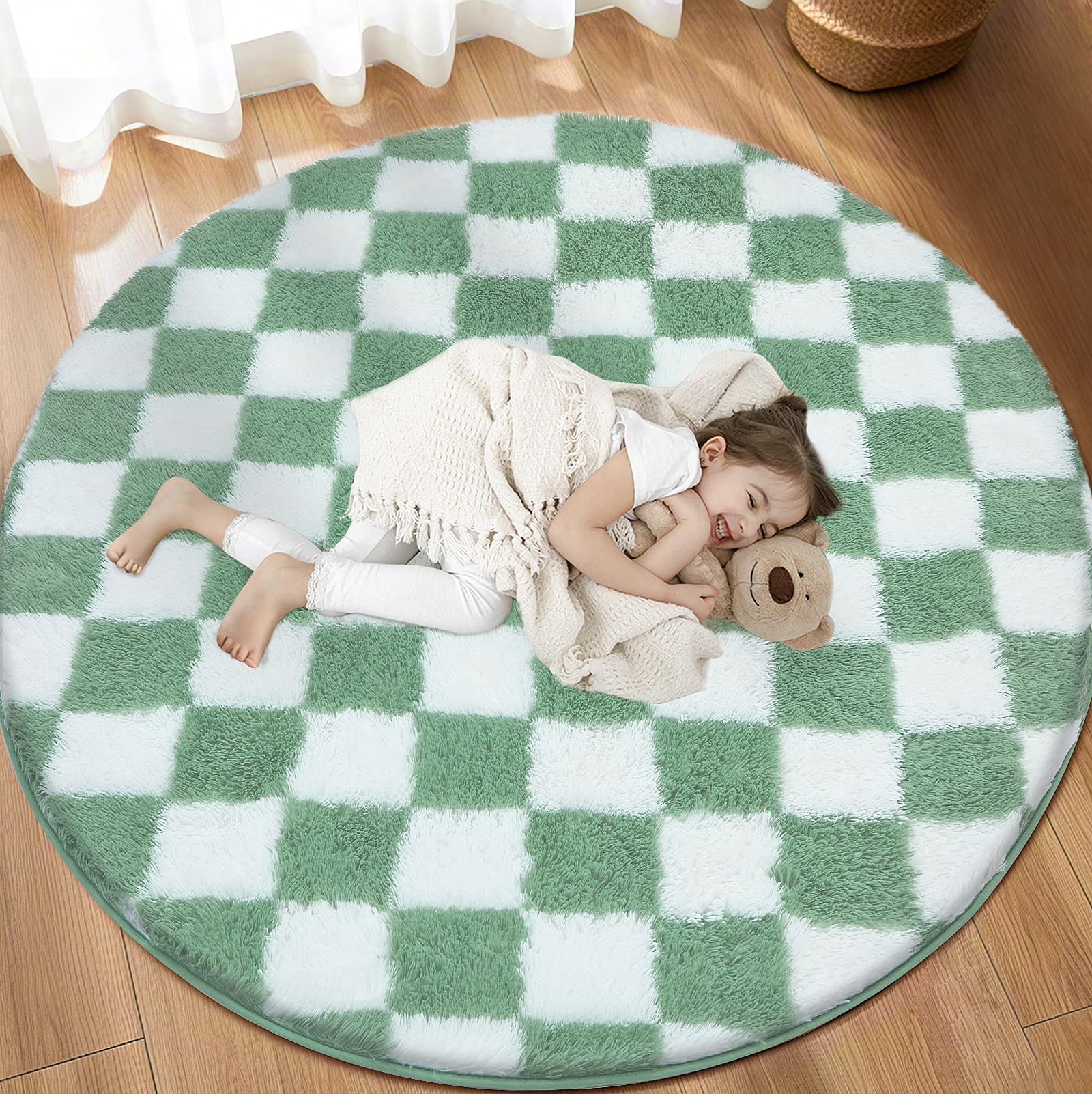 TOOHUB Super Soft Rug, Round Rug for Bedroom, 5X5 Ft Sage Green and White Checkered Round Rug Non-Slip High Pile Cute Soft Fluffy Rug for Living Room