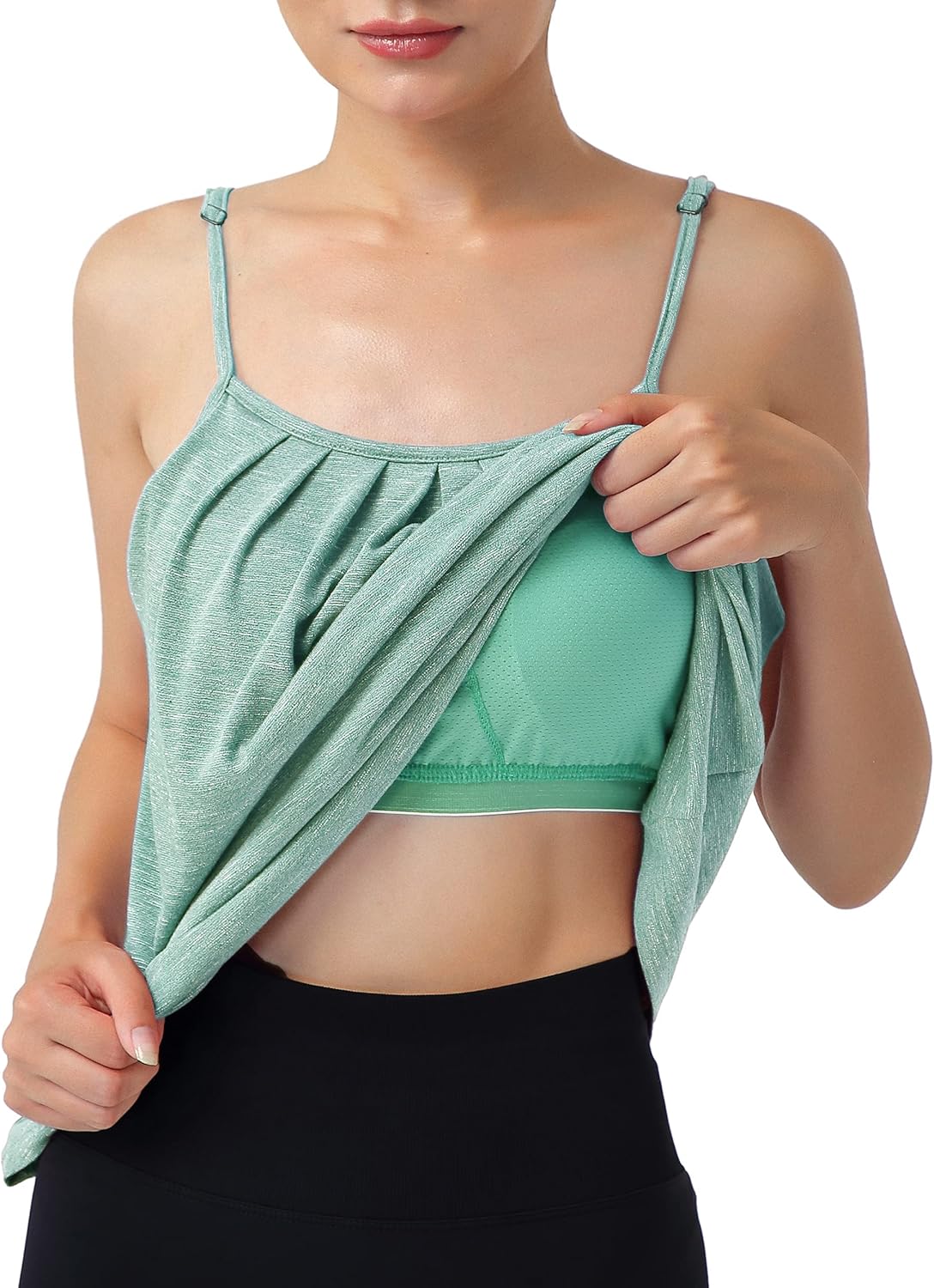Hibelle Womens Built in Bra Camisole with Adjustable Spaghetti Straps,Pleated Front Flowy Summer Casual Tank Tops