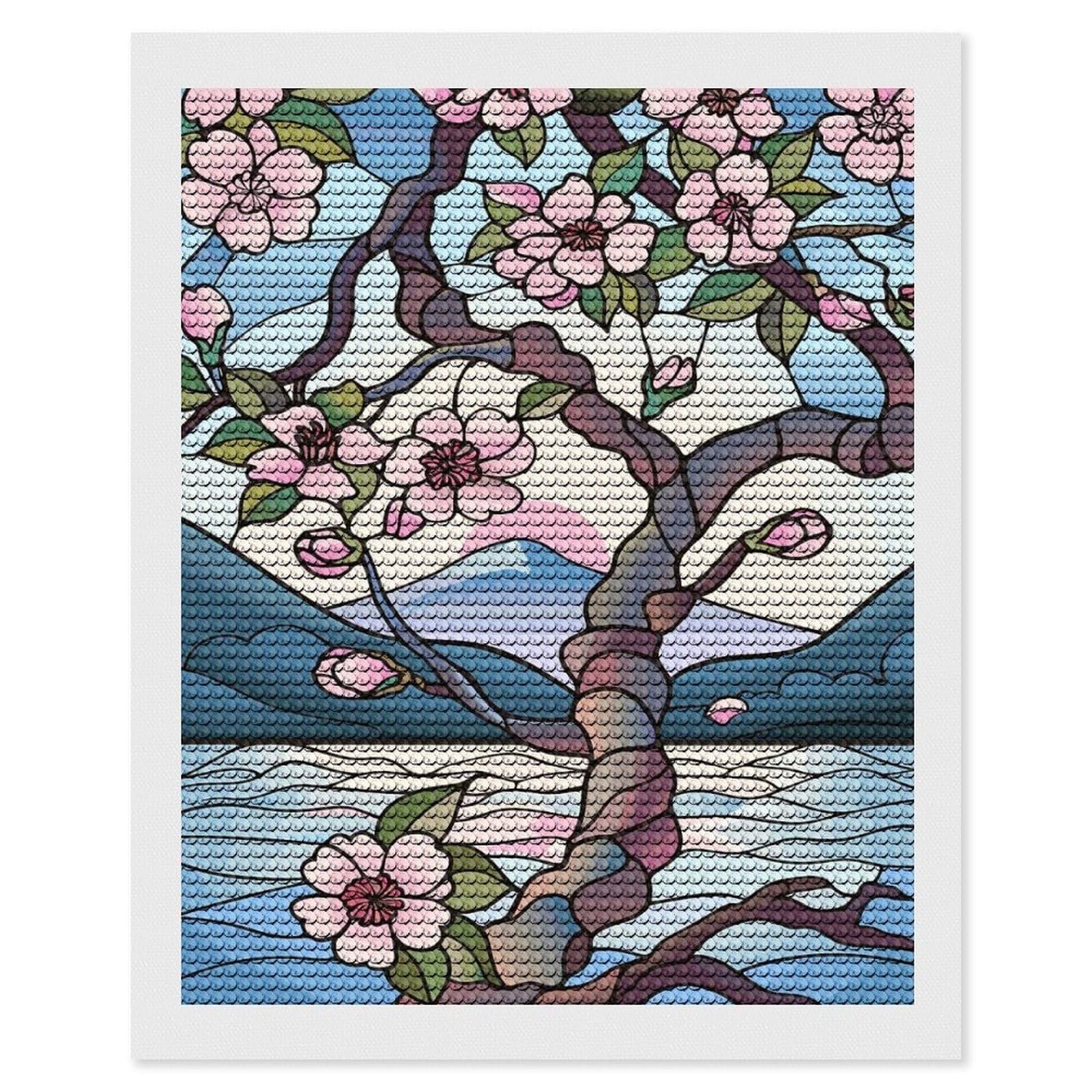 Junmoney Stained Glass Cherry Blossoms and Mountain Diamond Painting Kit 16"x20", for Women, Simple to Start, Bedroom Decor, Christmas Gift, Good for Quiet Evenings