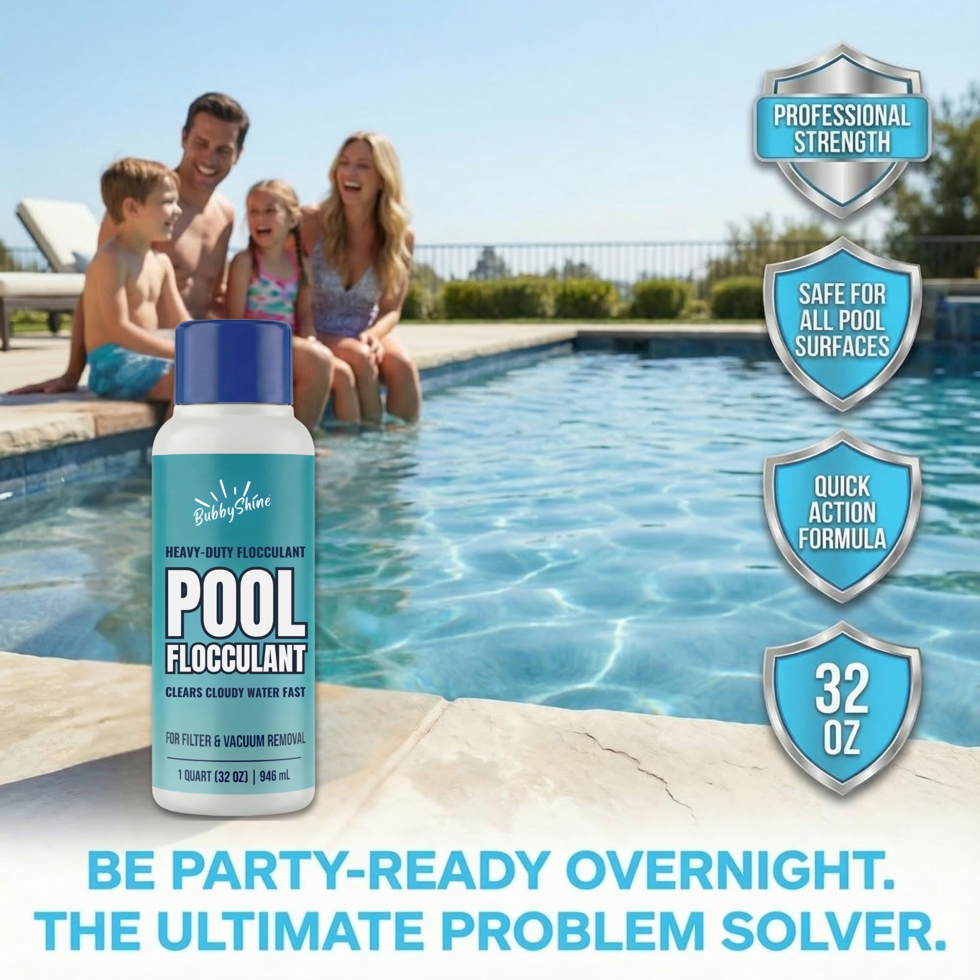 Clarificateur floculant de piscine – 946,4 ml – Clarificateur de piscine robuste, traitement de l'eau nuageuse goutte et vide, soutien de décantation des particules, compatible avec les sols enterrés