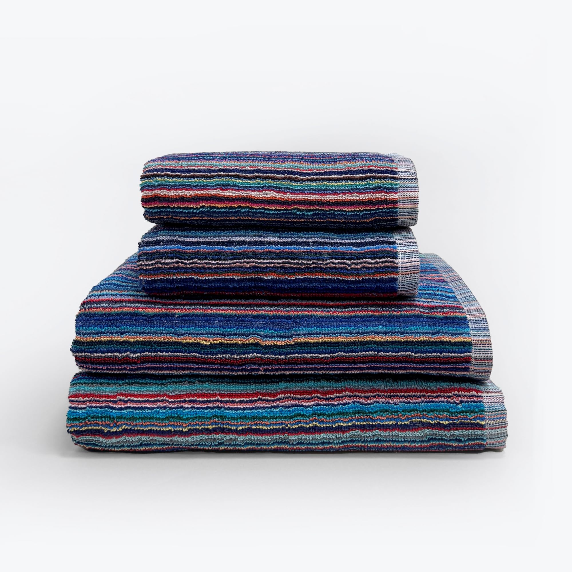 Odyssey 100% Recycled Cotton Towel Sets - Multi Coloured Remnant Yarn Stripe, Absorbent, Quick Dry, Lightweight 400GSM (2 x Hand Towels, 2 x Bath Towels)
