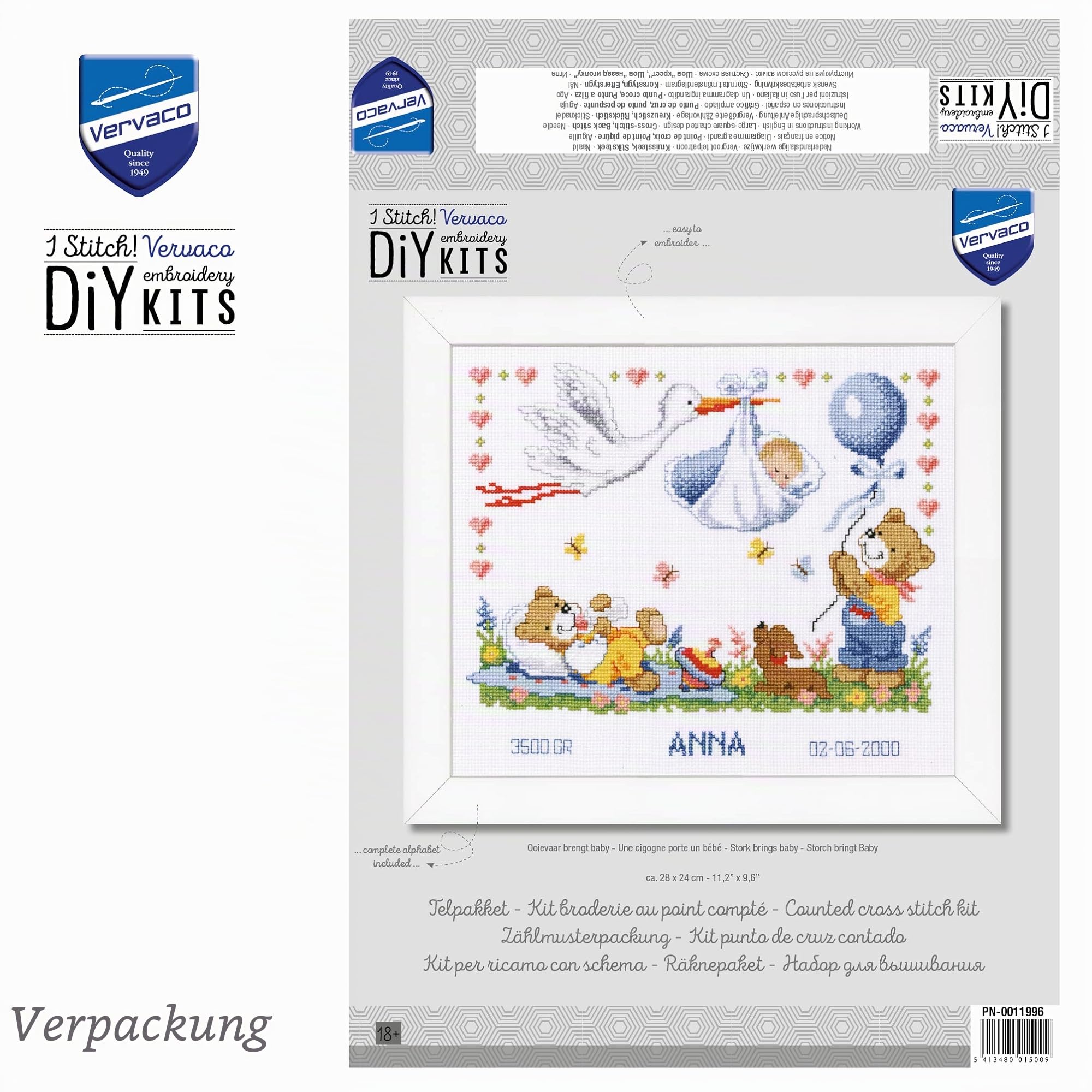 Vervaco Gezählter Kreuzstich Stickpackungen Stickset Baby Geburt Storch Wanddekoration Handarbeit Set für Erwachsene Kreatives Handwerk ca. 28 x 24 cm Geburt Geschenk Hausdeko