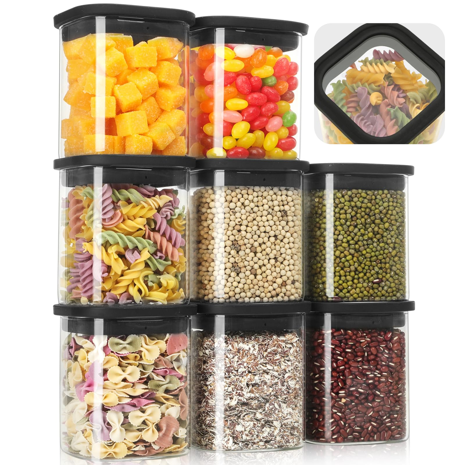 Withosent Set di 8 contenitori per alimenti, rettangolari, contenitori in vetro con coperchio, coperchio in vetro