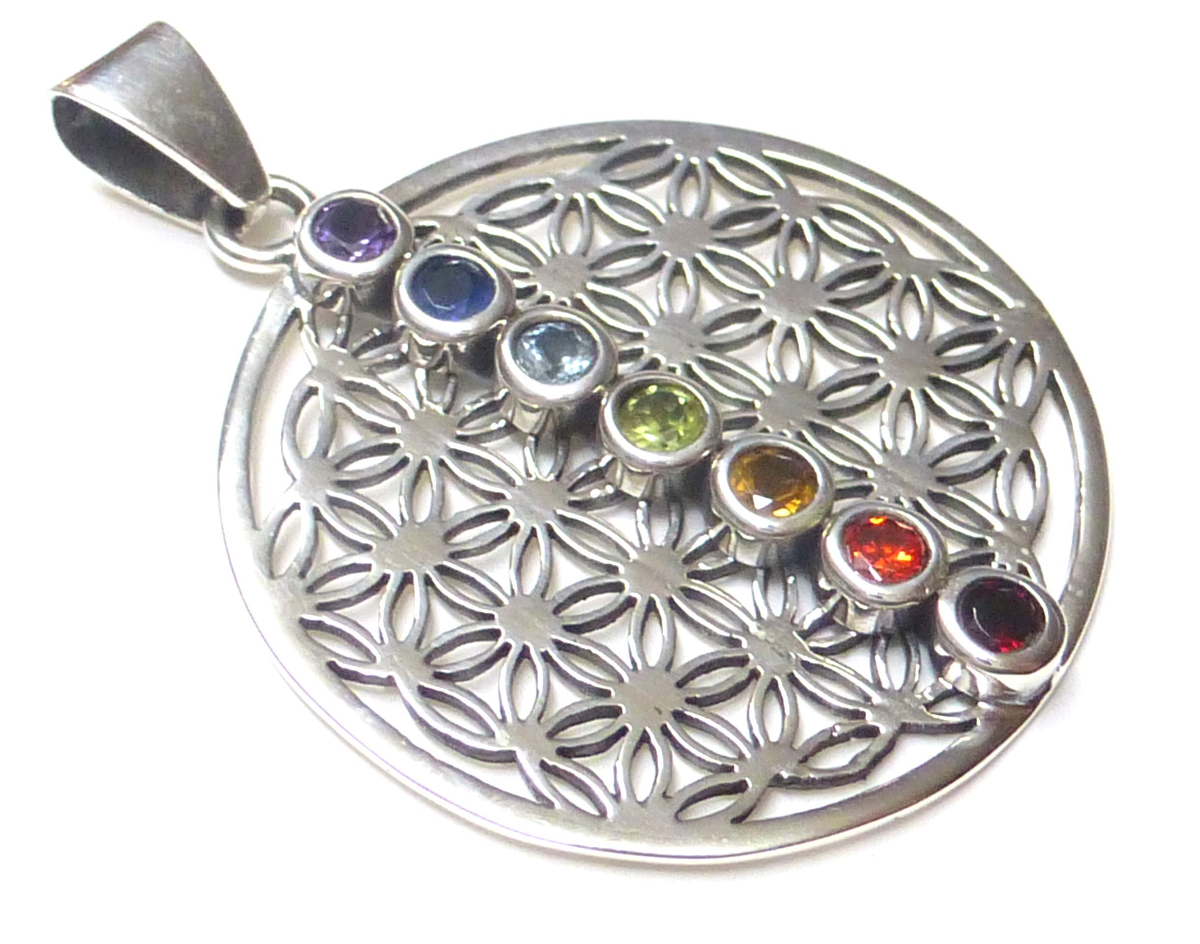 Zawieszka czakra, zawieszka do łańcuszka motyw kwiat życia z kamieniami czakry, srebro wysokiej próby, 3,0 cm symbol ochrony