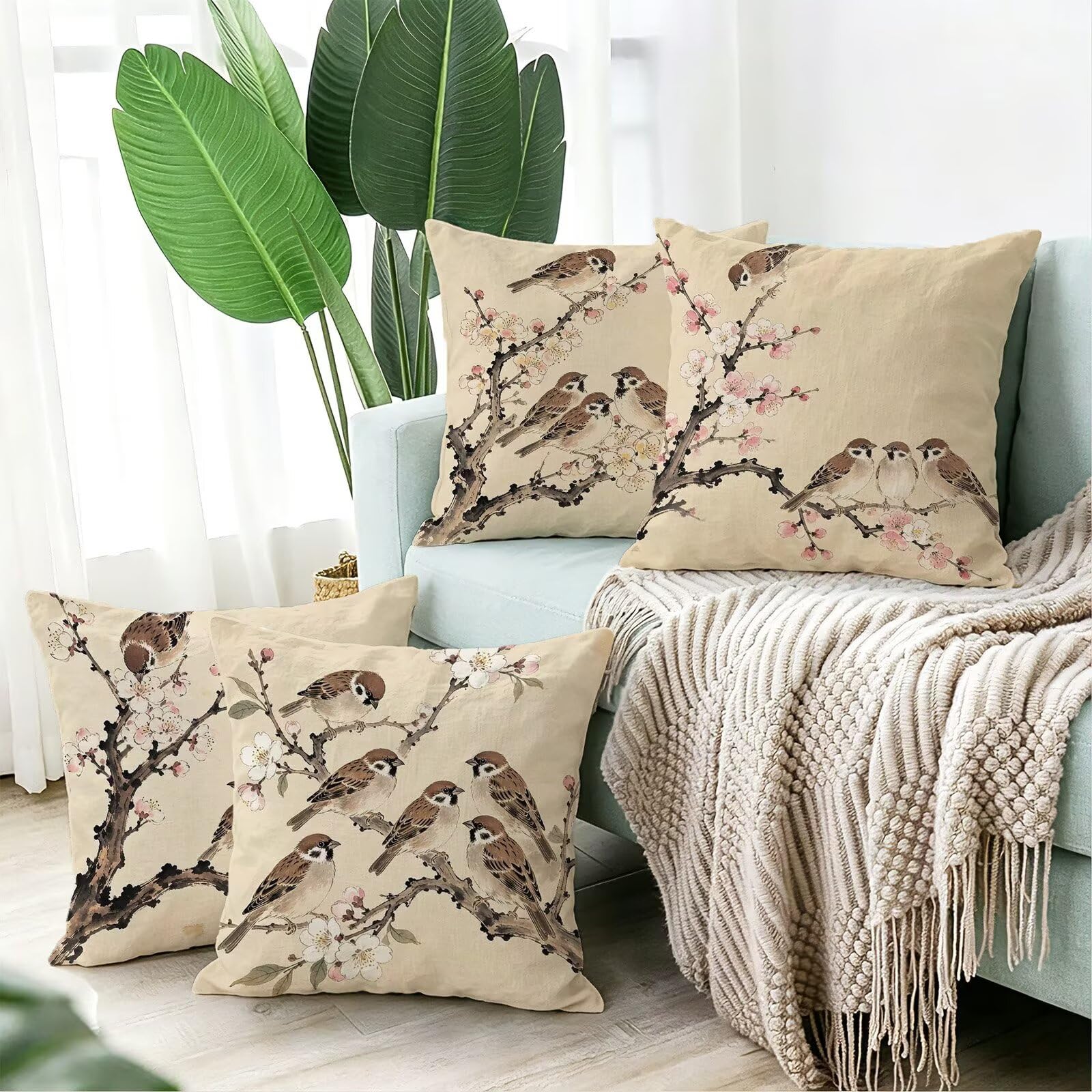 Coussin Exterieur Impermeable Beige, Taie Oreiller 45x45 Set de 4, Cod-3454
