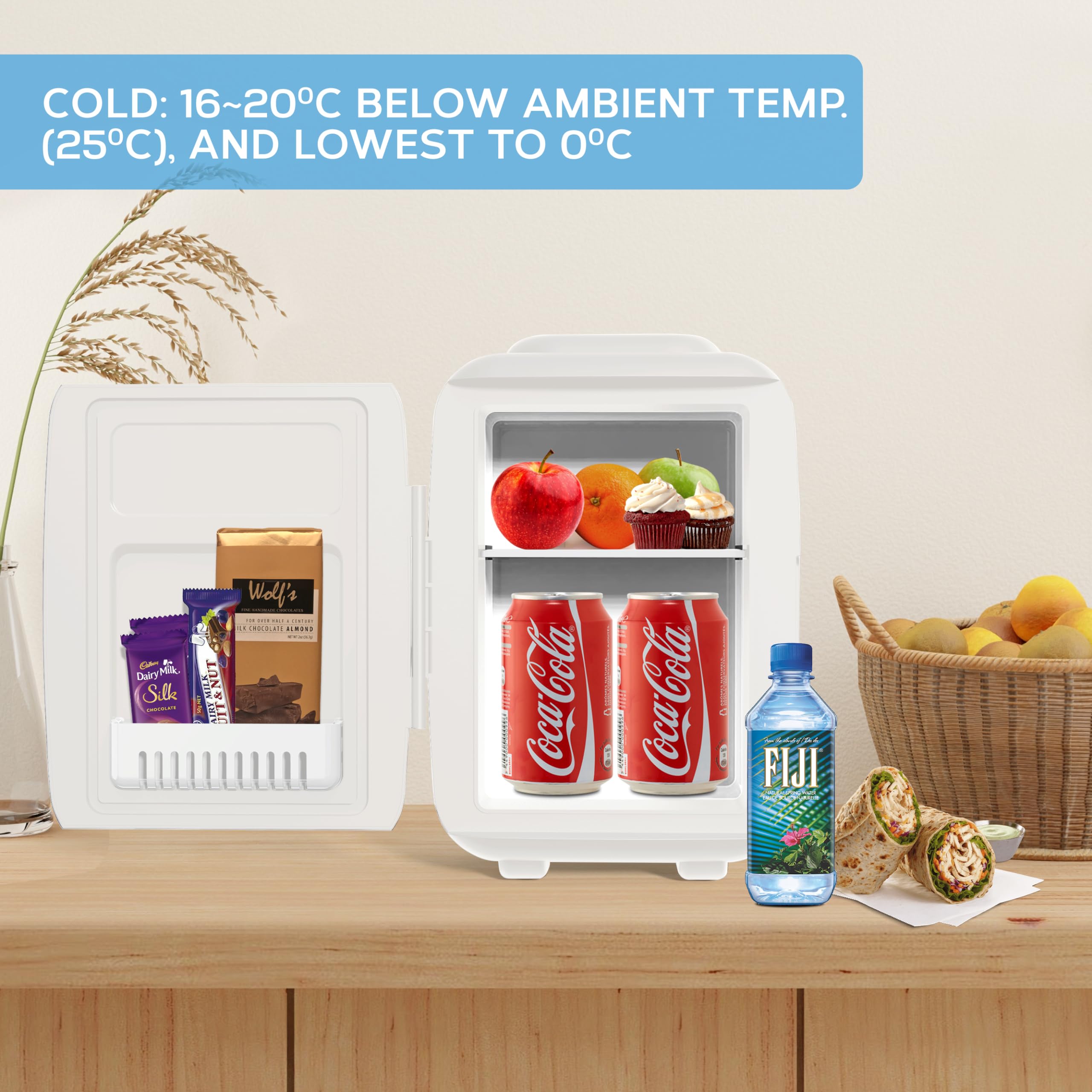 MONCOOK Mini Fridge For Bedrooms - Small, Portable & Quiet Mini Fridges For Skincare, Medicine, Food & Drinks - Cooling & Warming Function - Perfect For Home, Office, Car Or Travel - 5L - White