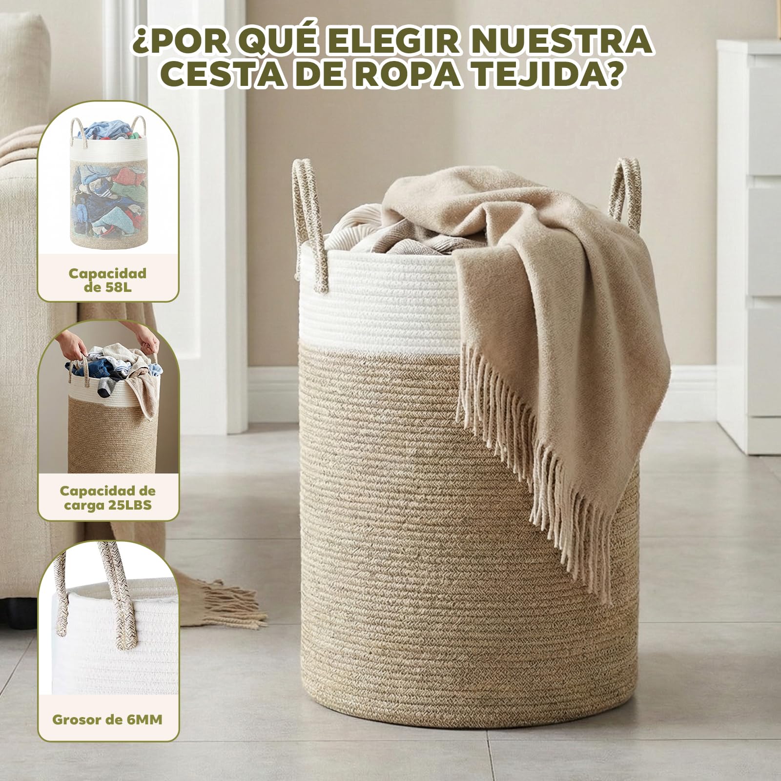 Cesta para Ropa en Cuerda Trenzada, 58L Gran Cesta de Almacenamiento – Dos Tostados Marrón & Blanco, con Asas para Dormitorio, Salón & Cuarto Infantil (38x38x50 cm)