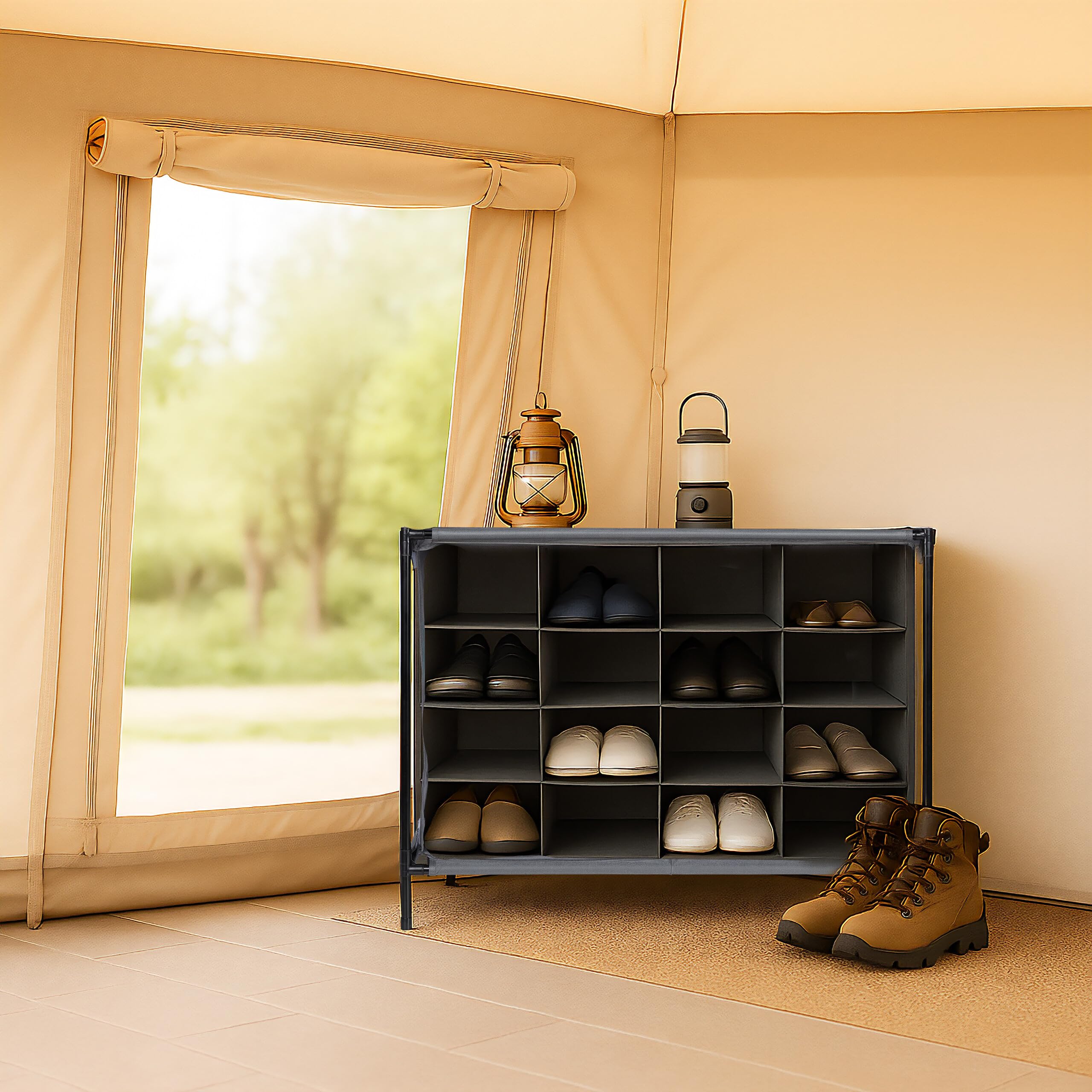 Relaxdays Zapatero Camping, 16 Compartimentos, Apilable, Montaje Sencillo, Armario de Tela, 65 x 84 x 36 cm, Gris