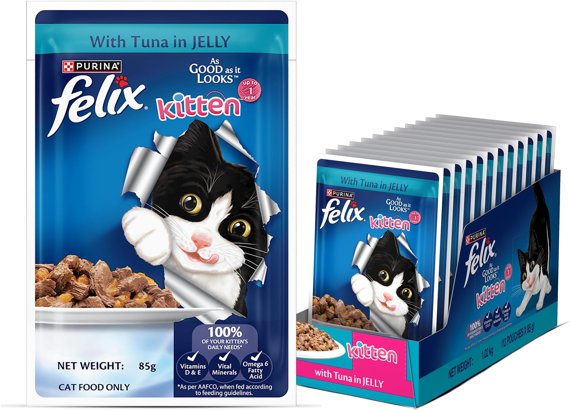 Felix with Tuna in Jelly | Wet Food for Kittens | Complete and Balanced Cat Food, Pack of 12 Pouches (12 x 85 g)