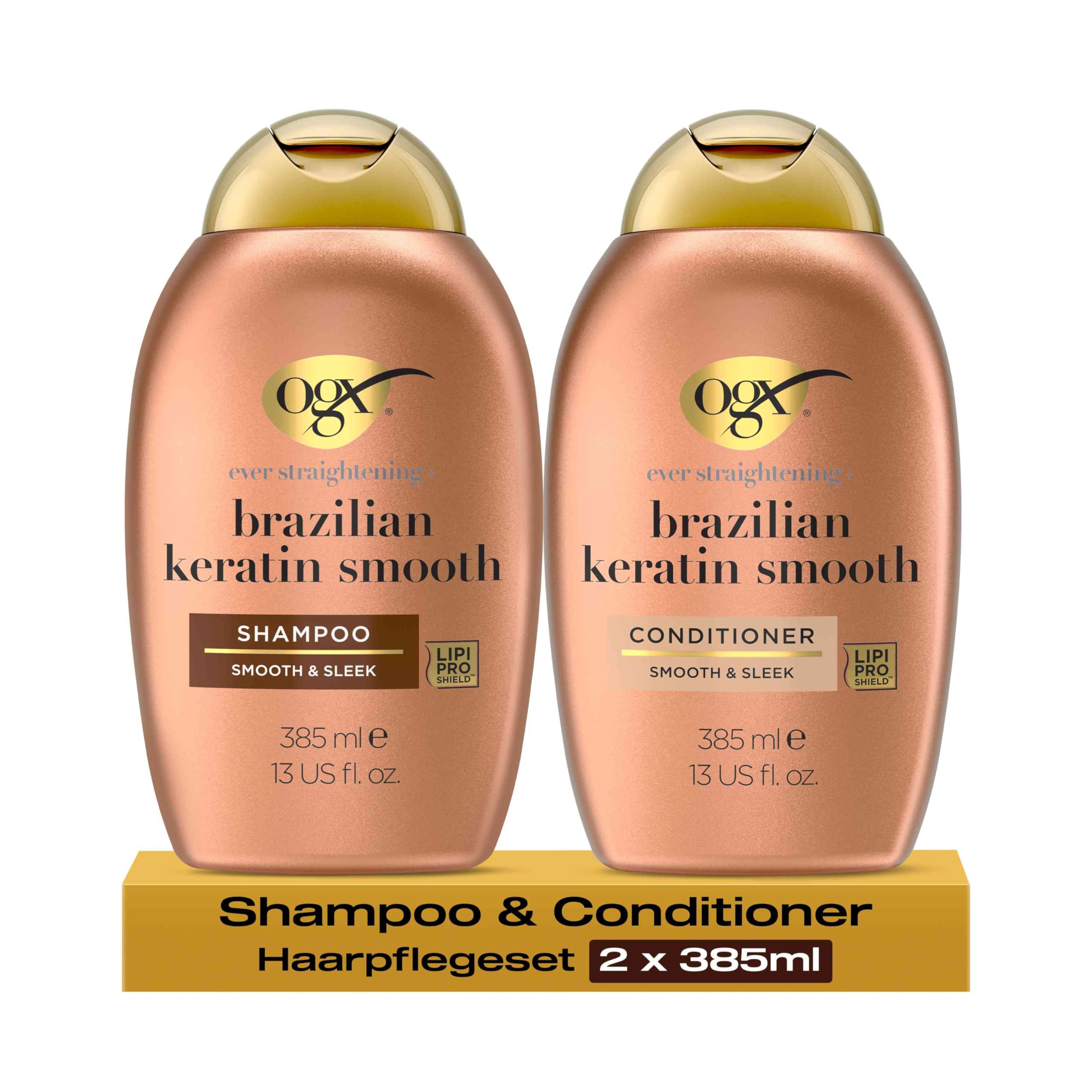 OGX Brazilian Keratin Smooth Set mit Shampoo (385ml) & Conditioner (385ml) für kräftigeres, geschmeidigeres Haar und glättet die Haarstruktur, Pflegeroutine