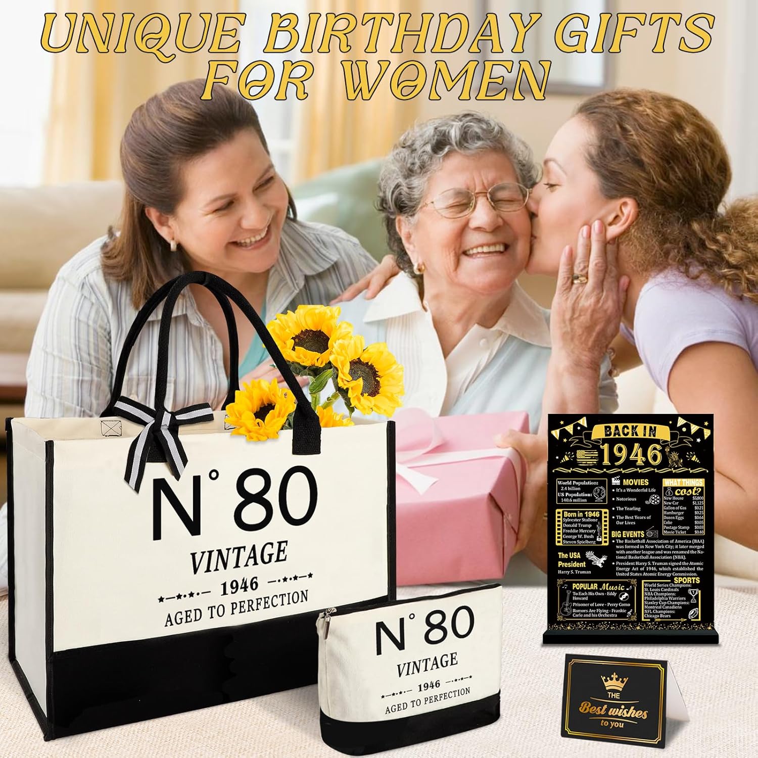 YeohJoy 80th Birthday Gifts for Women Canvas Tote Bag Travel Gear, Unique 80 Years Old Gifts for Wife Mom Sister Aunt Friends Her, Vintage N°80 Handbag & Cosmetic Bag & Back in 1946 Poster