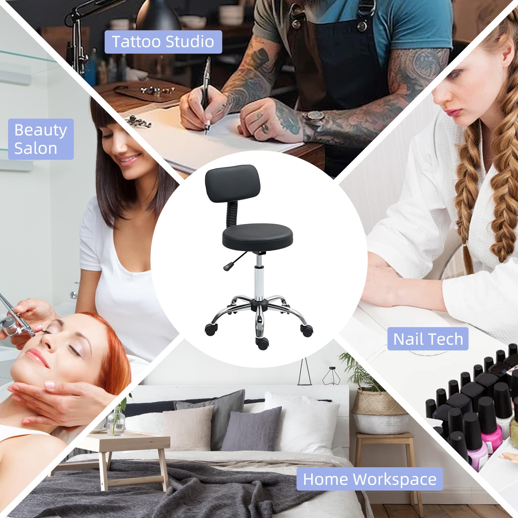 HOMCOM Taburete con Ruedas Giratorio, Taburete de Trabajo con Respaldo Desmontable, Altura Regulable, Tapizado en Cuero Sintético, para Oficina, Dormitorio, Negro
