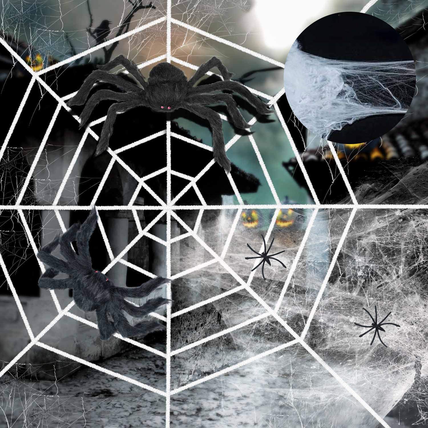 EAONE Halloween Decorations, 5 ft Spider Webs and 100 sqft Spider Silk with 2 Scary Fake Spiders(12'' and 20'') Creepy Hairy Spider Props Super Stretch Cobwebs for Indoor & Outdoor Party Supplies