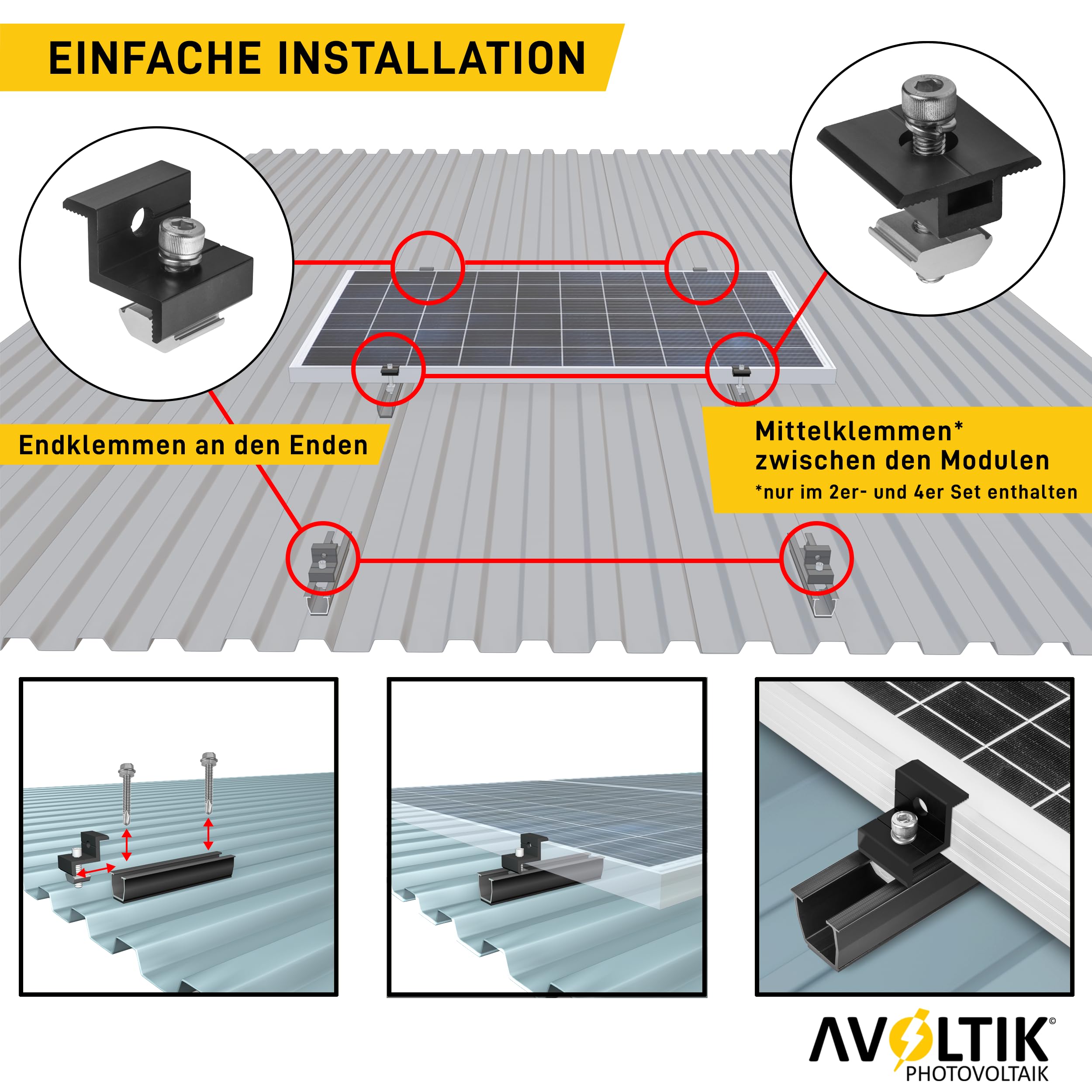 Avoltik Solarpanel Halterung Flachdach I Set für 2 Panele I Solarmodul Halterung Balkonkraftwerk I Flachdach Halterung für PV Module I Solarmodulbefestigungsset mit verstellbarer Endklemme von 30-35mm