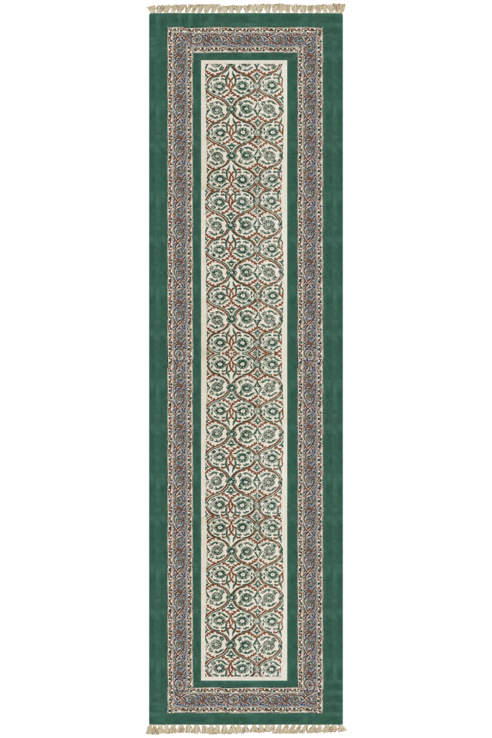 Tapis de couloir bohème tissage plat en coton vert pour intérieur